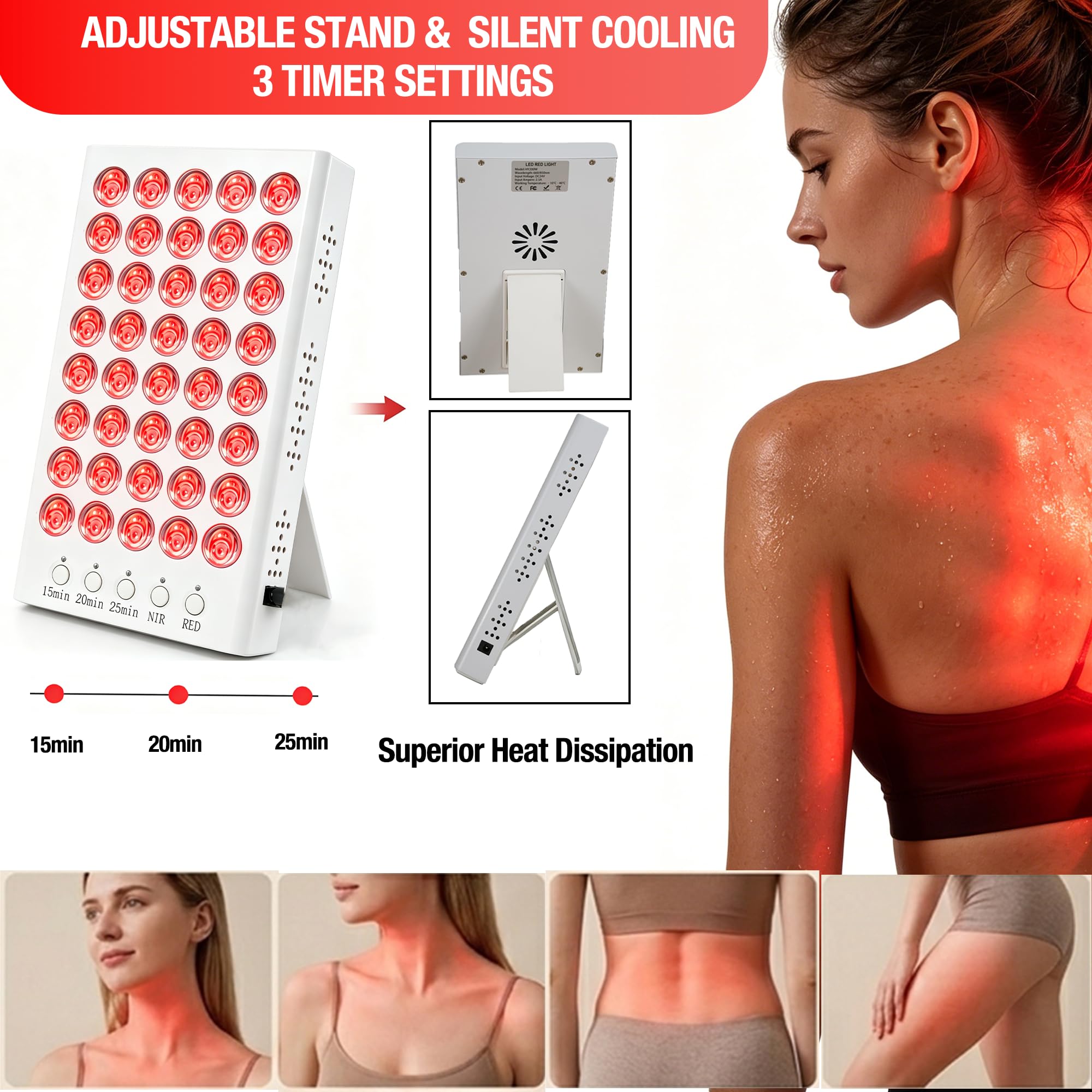 Panel terapia luz roja 660nm850nm infrarrojo soporte regulable temporizador | 40 LED doble longitud de onda,temporizador 3 modos,portable,cuidado piel alivio dolor muscular,gafas y adaptador incluidos