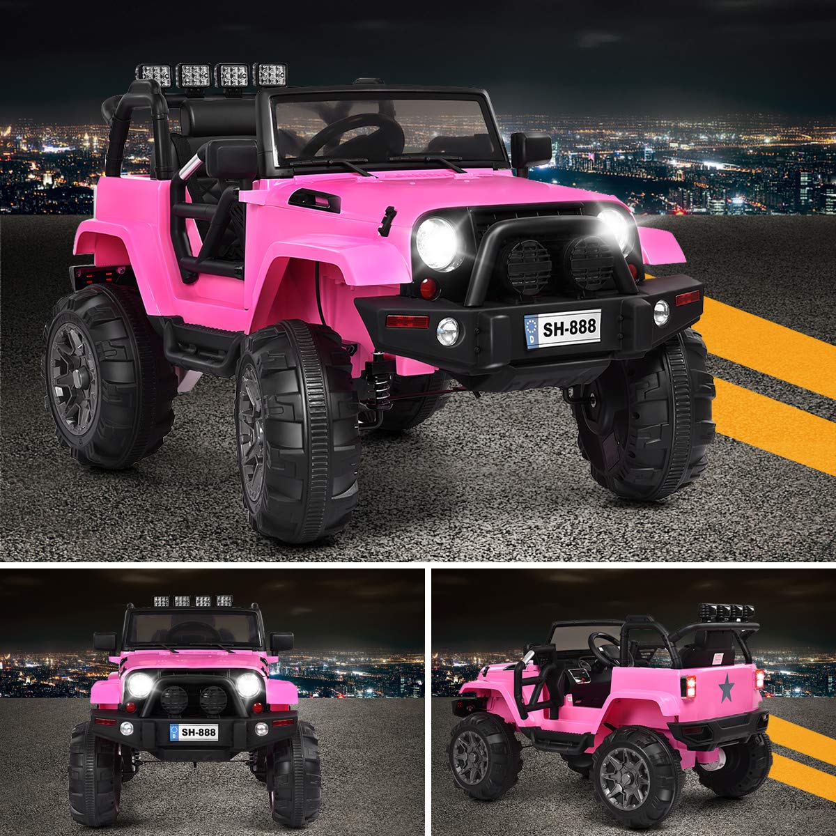 GLACER Kids Ride On Truck, 12V Battery Powered Electric Ride On Car with 2.4 GHZ Bluetooth Remote Control, 3 Speeds, LED Lights, 2 Magnetic Doors, Safety Belt, Music, MP3, Spring Suspension(Pink)