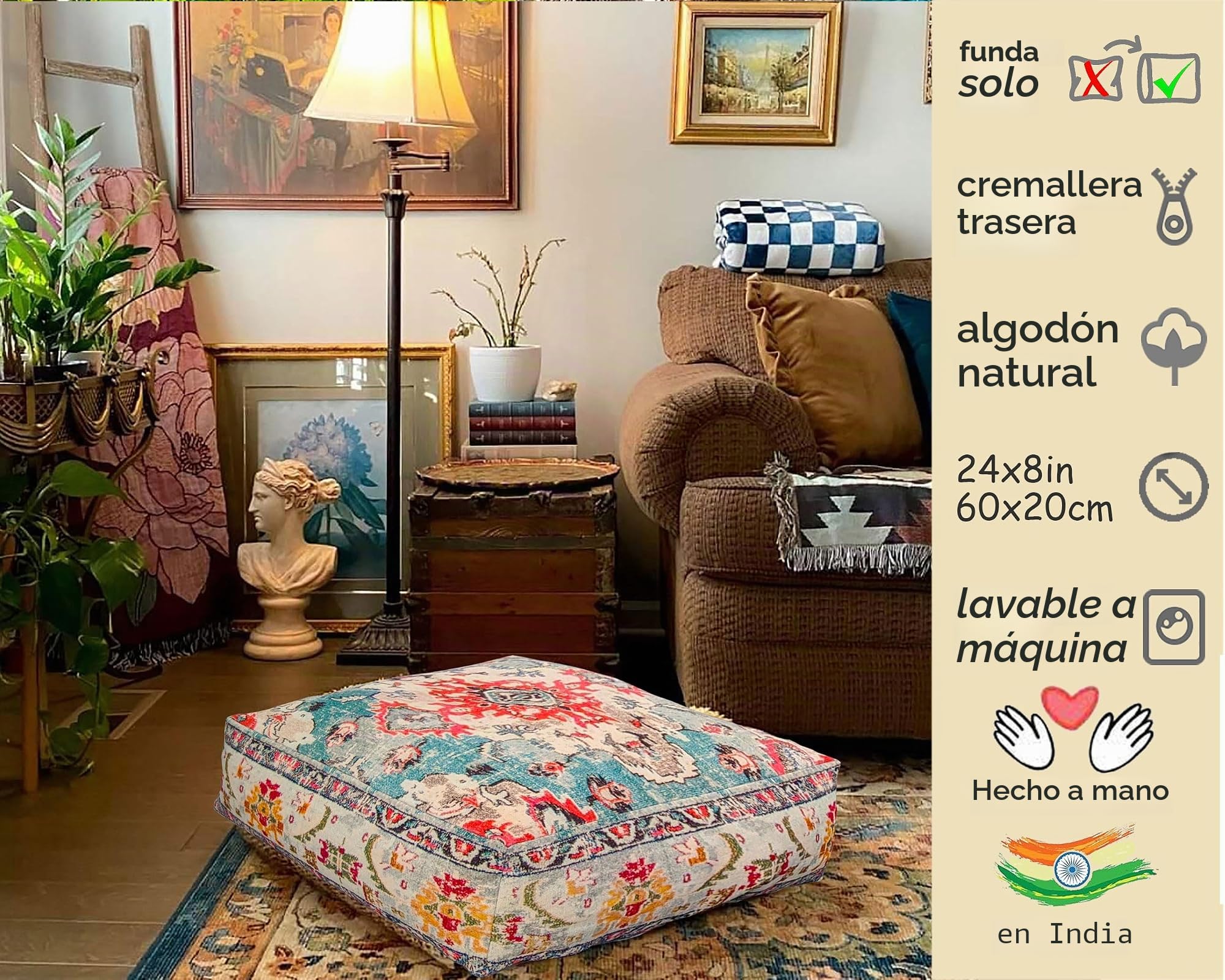 Cojín de piso Bohemian Rug - Solo Funda Cuadrada 60x20 cm - Puf de decoración de habitación artesanal de lujo para meditación, yoga y Boho Chic Funda de almohada de piso para asientos
