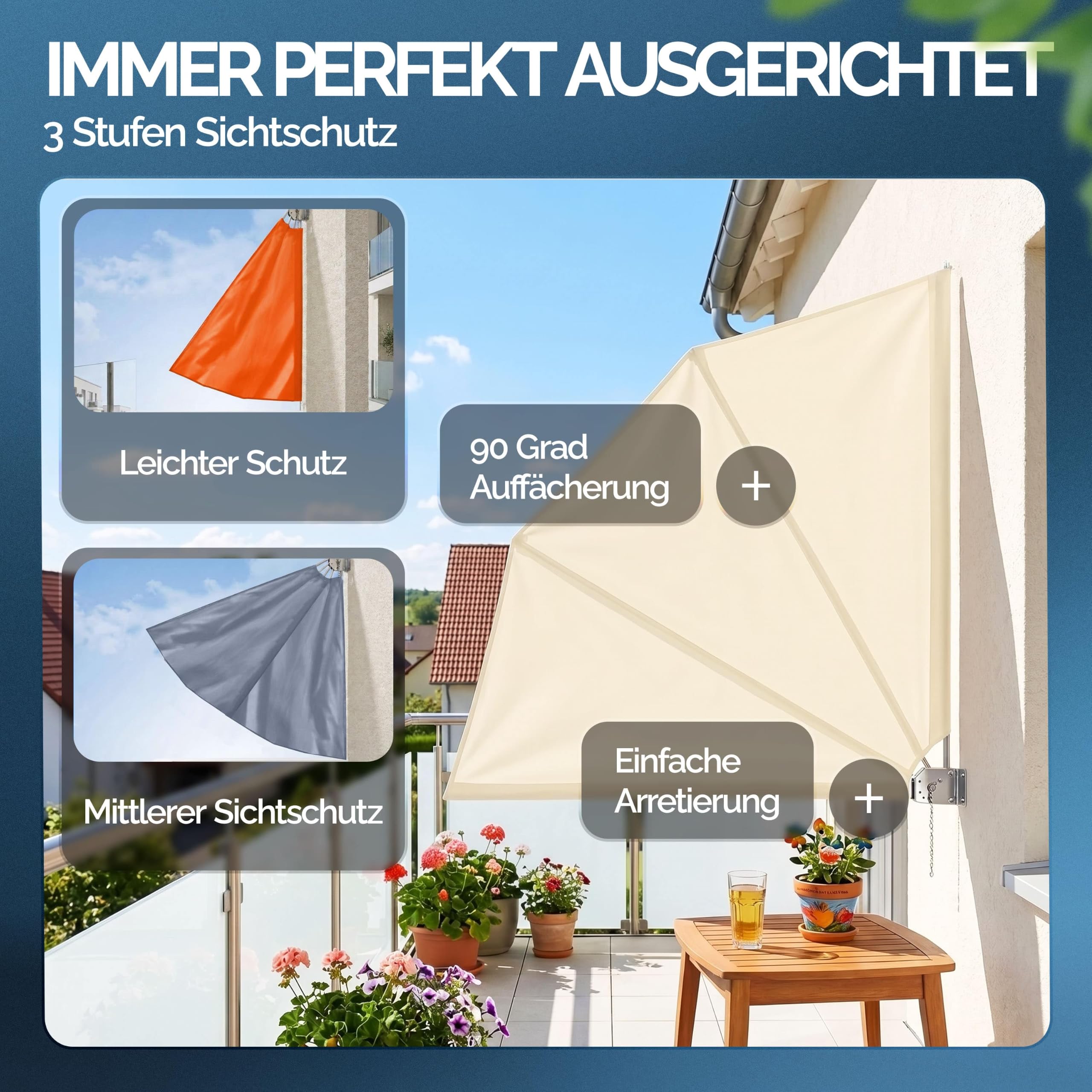 Detex® Balkonfächer Sichtschutz inkl. Abdeckung 140x140cm Wetterfest UV-beständig Faltbar Terrasse Seitenmarkise Sonnenschutz Wandhalterung Anthrazit