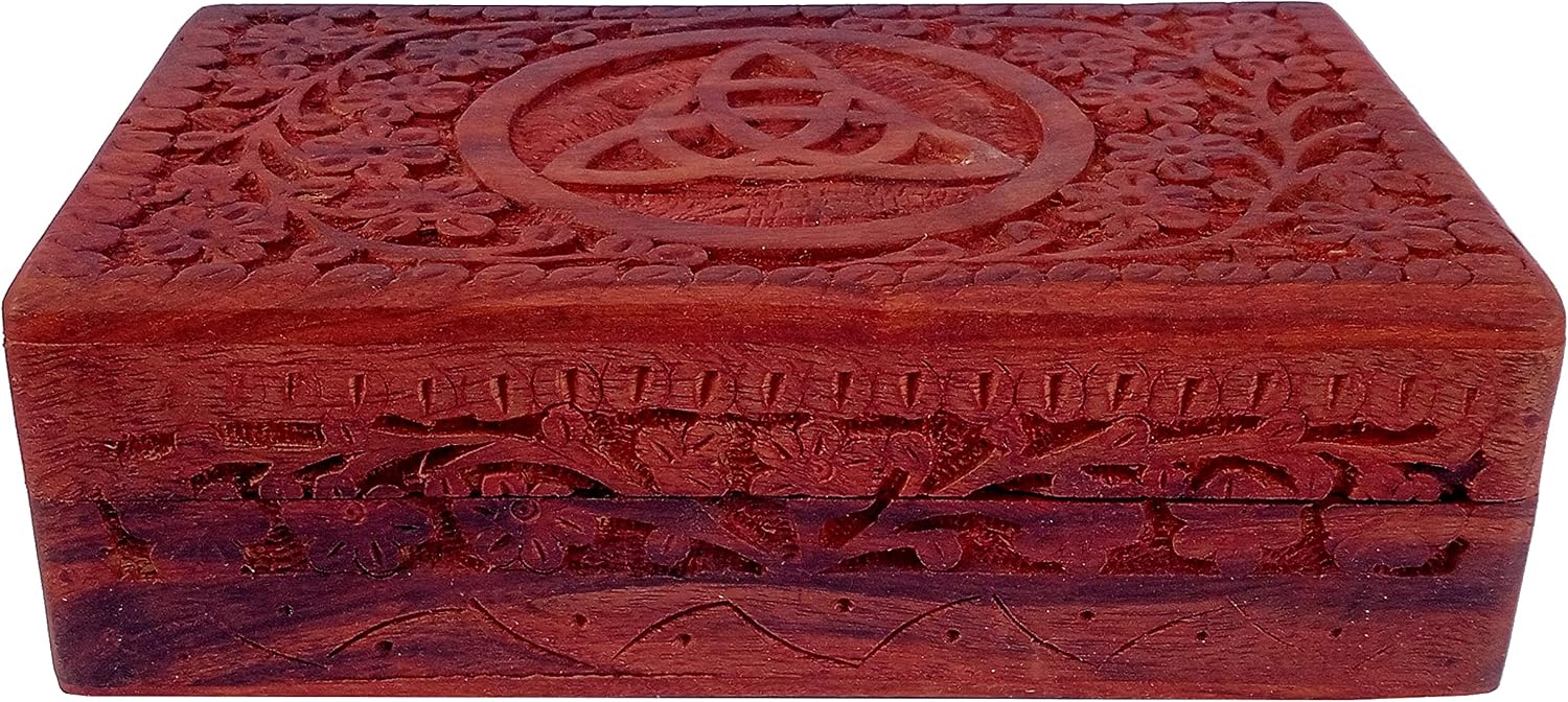 Purpledip Wooden Decorative Box 'Triskelion': Handcarved Intricate Design (12345)