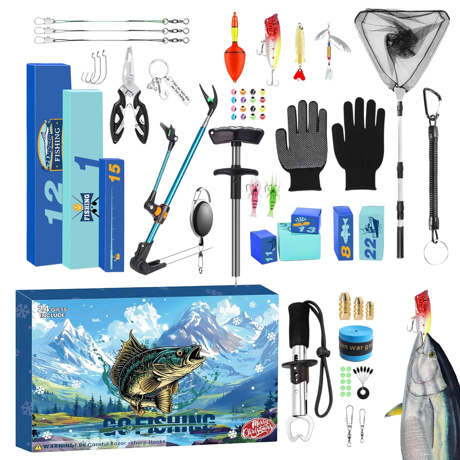 Calendario Adviento Pesca Navidad Portacañas Pinza Atador Anzuelos | 24 Días Cuenta Atrás Navidad Aparejos Pesqueros para Hombres Festivo Adviento Pescador Adulto Esposo Novio