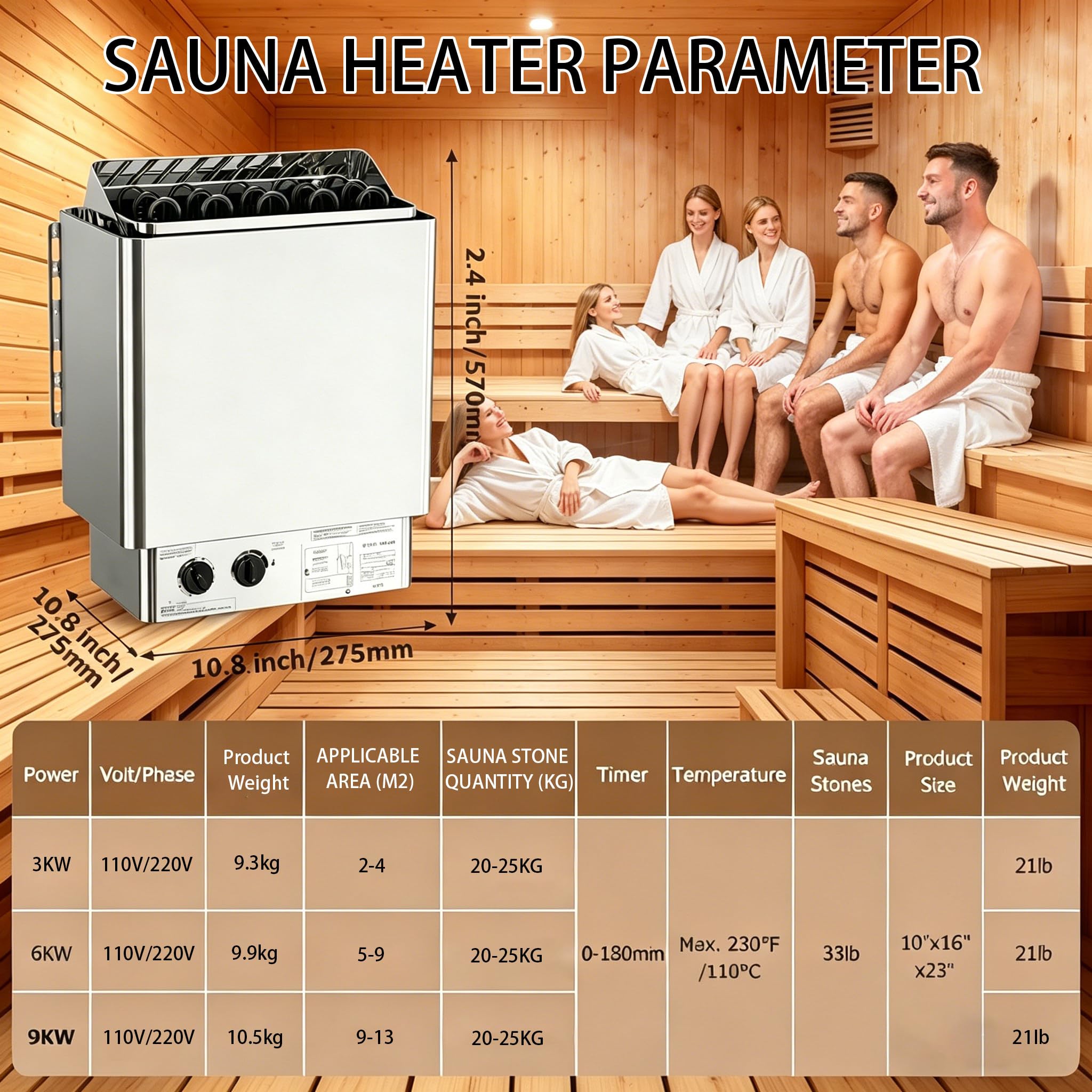 Estufa Sauna Eléctrica Profesional, Montaje en Pared, INOX, 0-80°C Regulable, Temporizador, Soporte Pretaladrado, para Sauna, Gimnasio, Centro de Bienestar, Hotel, Uso Comercial 3.0KW