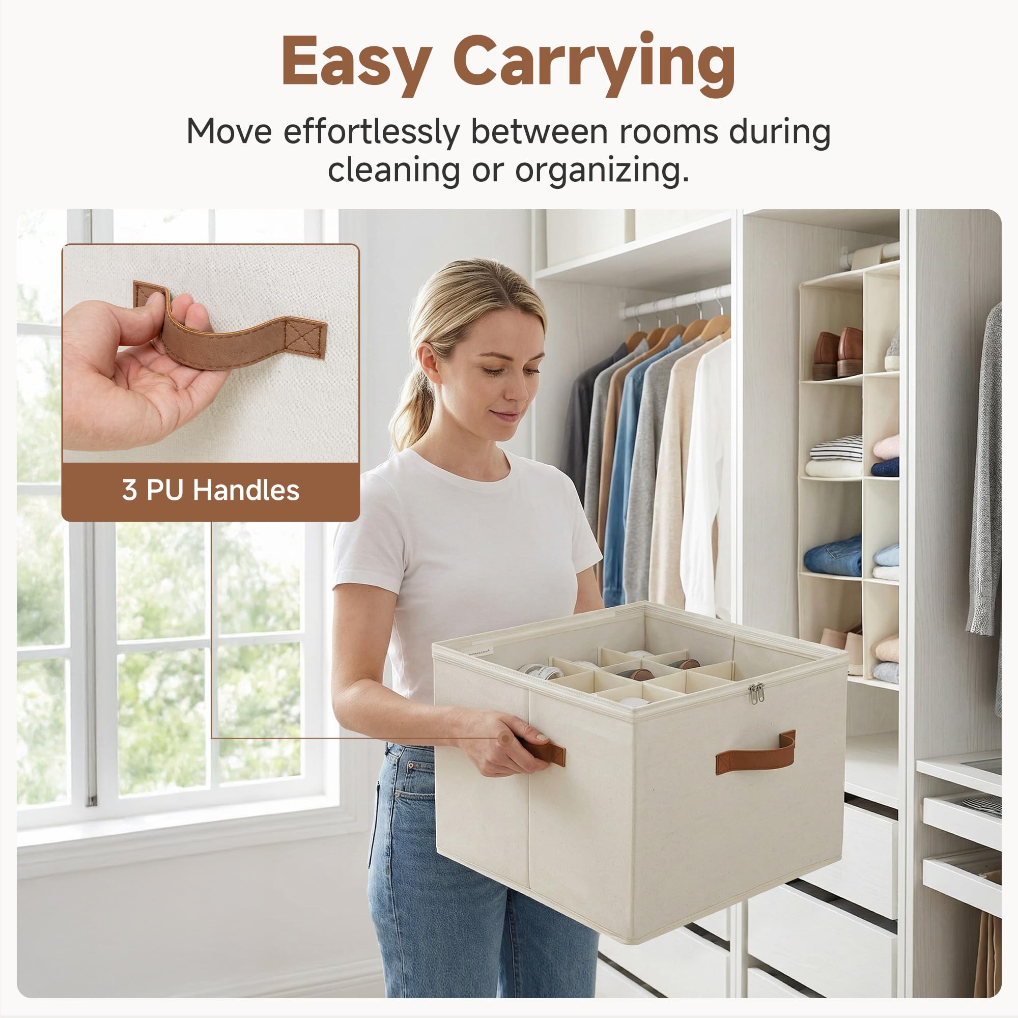 StorageWorks Organizer na buty do szafy 43 x 43 x 32 cm – pojemnik na buty mieszczący do 16 par, materiałowy organizer z regulowanymi przegrodami i przezroczystą pokrywą, beżowo-kremowy