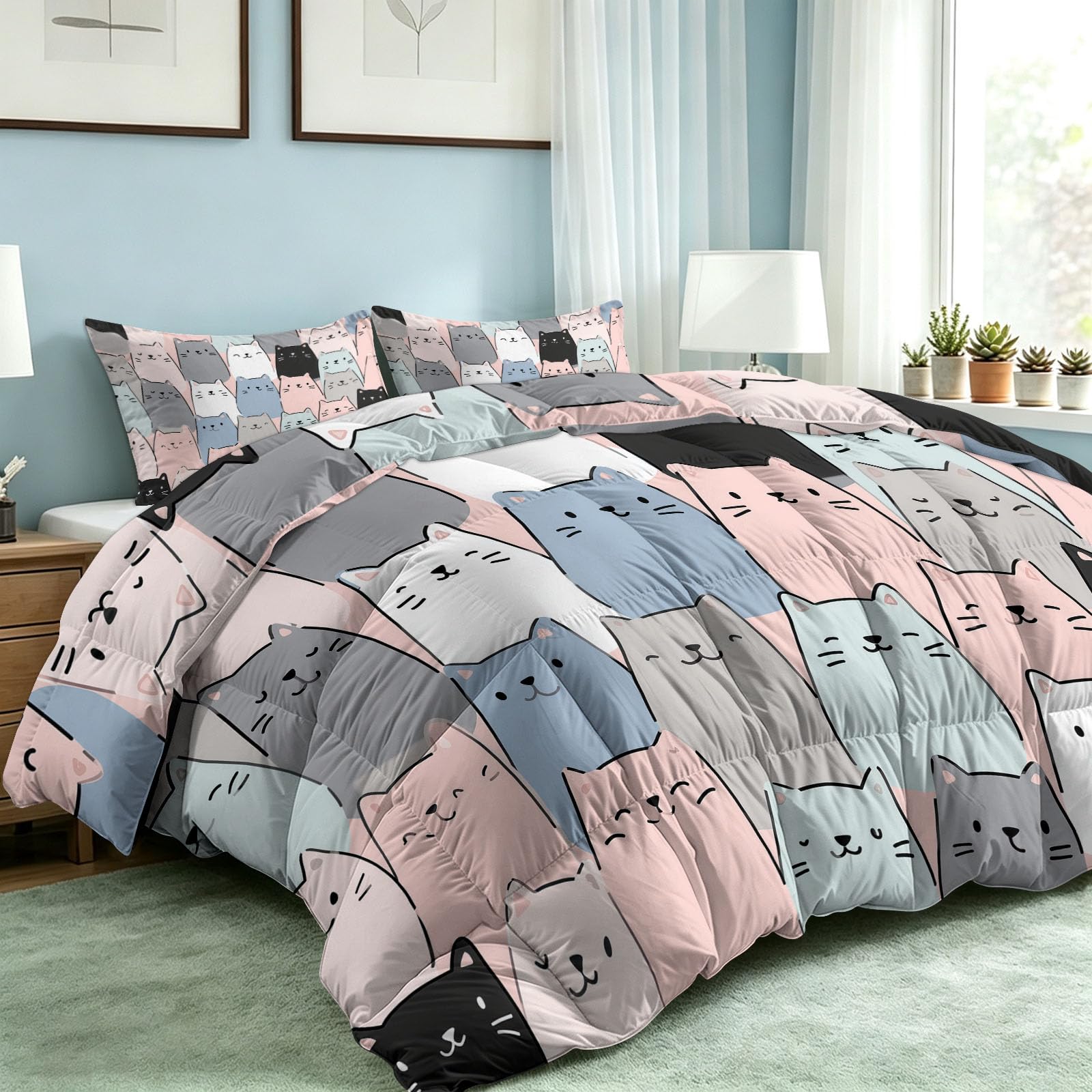 Generisch Edredón calmante de dibujos animados, sin funda, 155 x 220 cm, con cara de gato, hipoalergénico, para todo el año, con 2 fundas de almohada de 80 x 80, reversible, lavable, manta para las 4