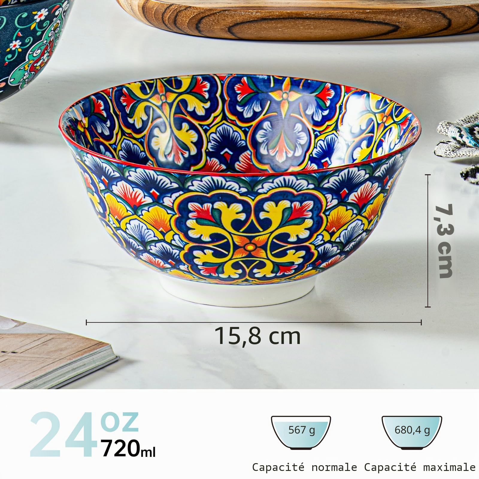 HENXFEN LEAD Bols à céréales en porcelaine, grands bols à soupe pour céréales, soupe, salade et pâtes, etc. Colorés, lot de 6 - Style bohème