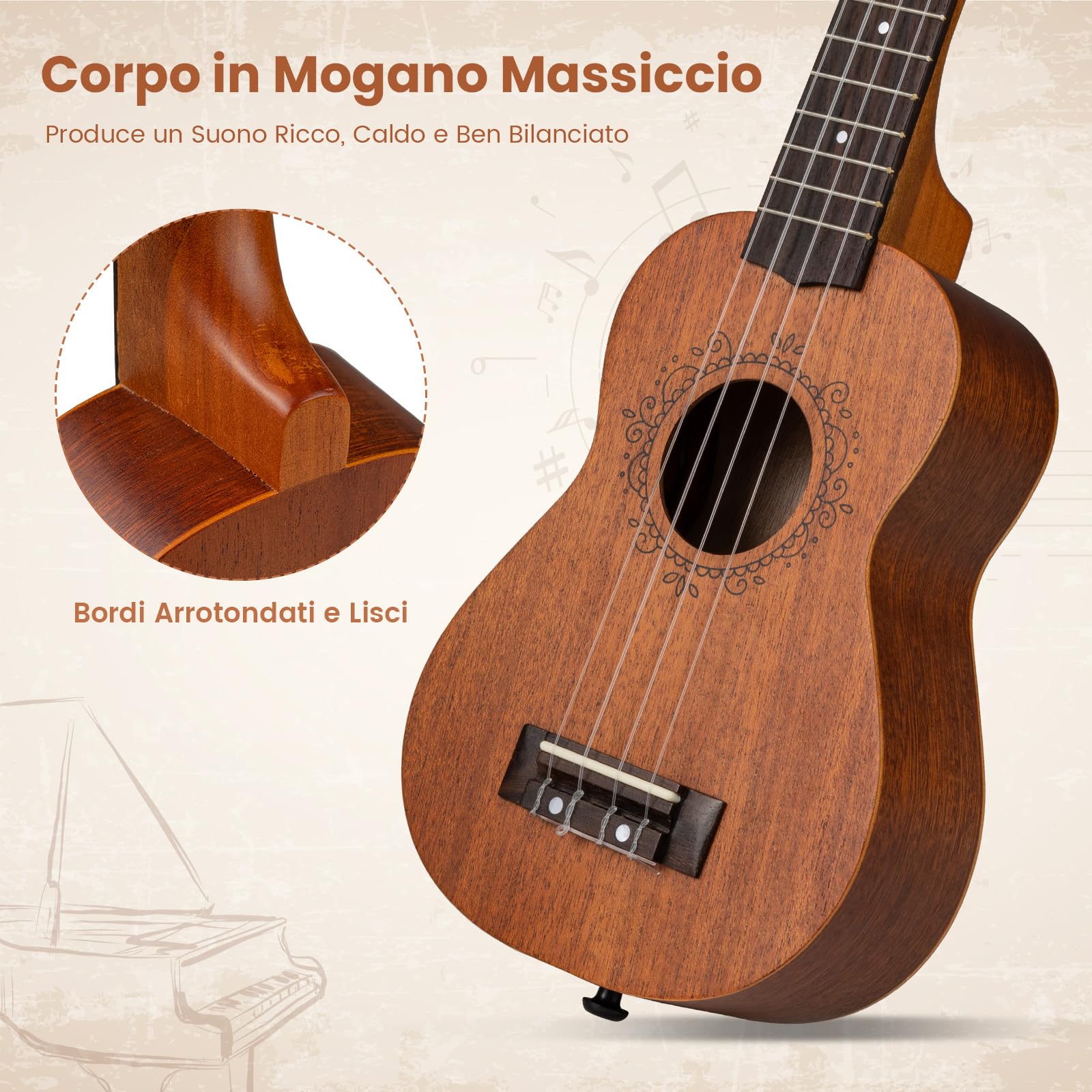 COSTWAY Ukulele per Adulti Principianti, Set Ukulele Soprano in Legno di Mogano con Borsa, Plettri, Cinghia Regolabile e Corde di Nylon Extra, Kit Starter per Bambini