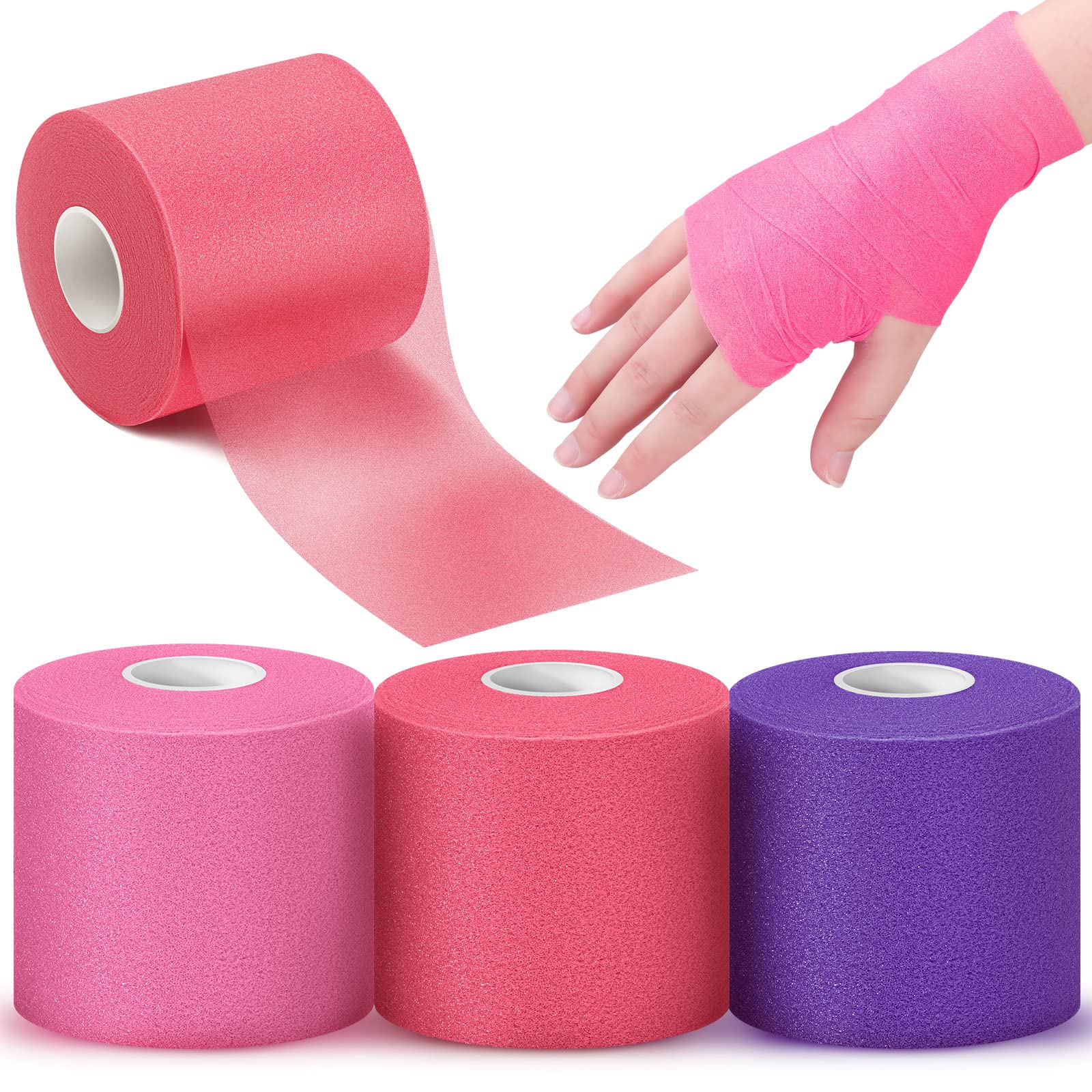 3 Rolls Pre Wrap Tape 2.75 Inch x 90 Yards Athletic Foam Underwrap Sports Pre Headbands for Hair Ankle Wrists Knees Sports(Purple, Pink, Rose Red)