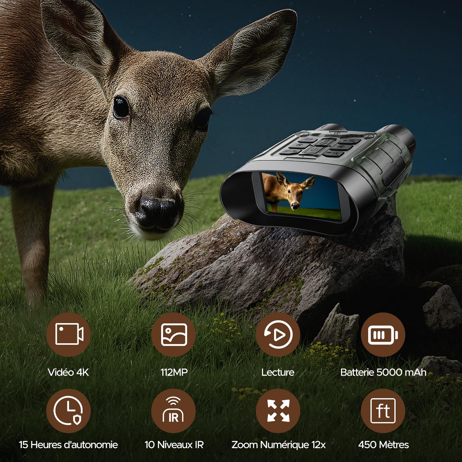 Jumelle Vision Nocturne, 4K UHD 112MP Jumelles Vision Nocturne avec Carte 64GB & Batterie 5000mAh Rechargeable, Jumelle Infrarouge Vision Nocturne Zoom Numérique 12X Portée 450m – Chasse, Observation