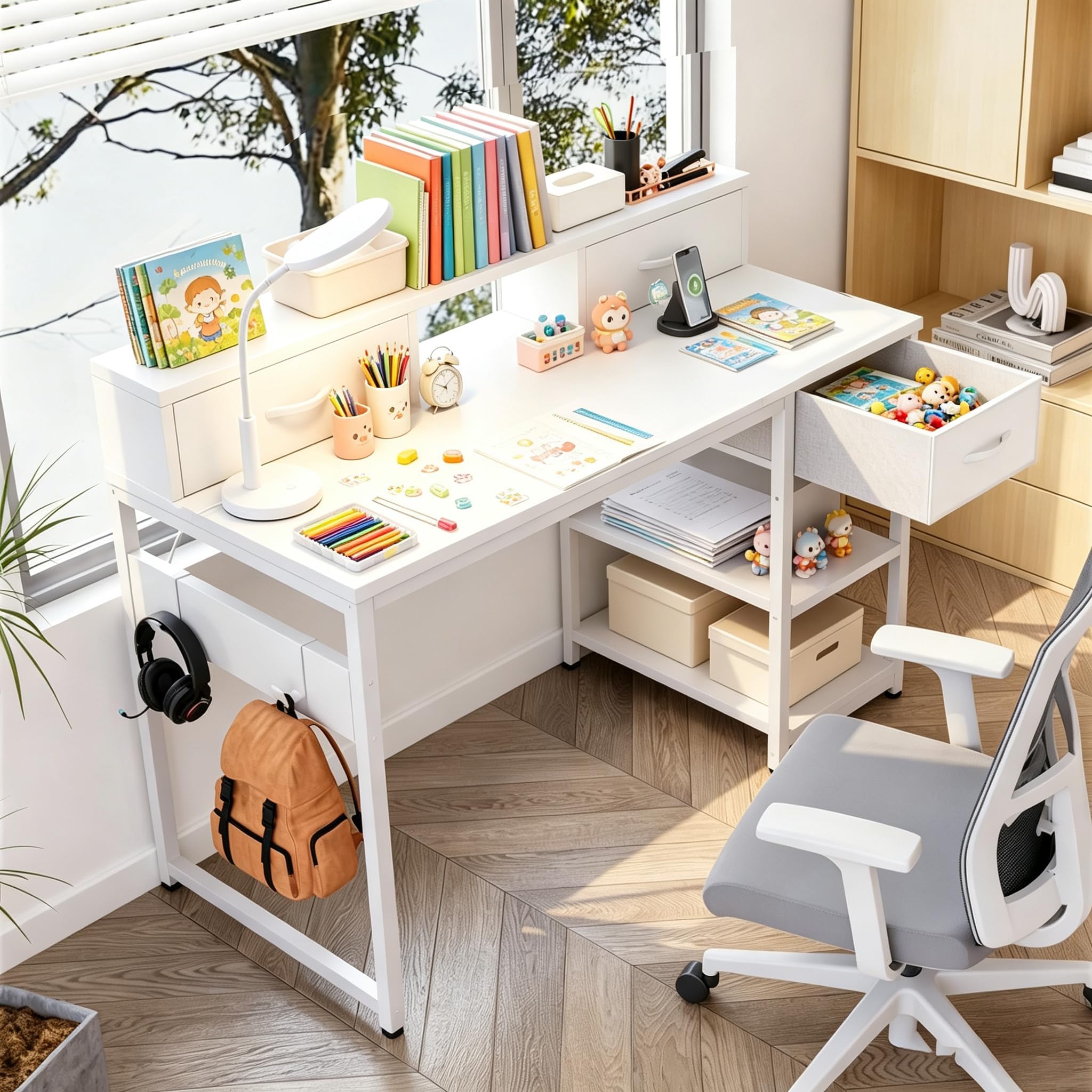 JUMMICO Petit Bureau d'Étudiant avec Tiroirs et Étagère, 120x50cm, Blanc