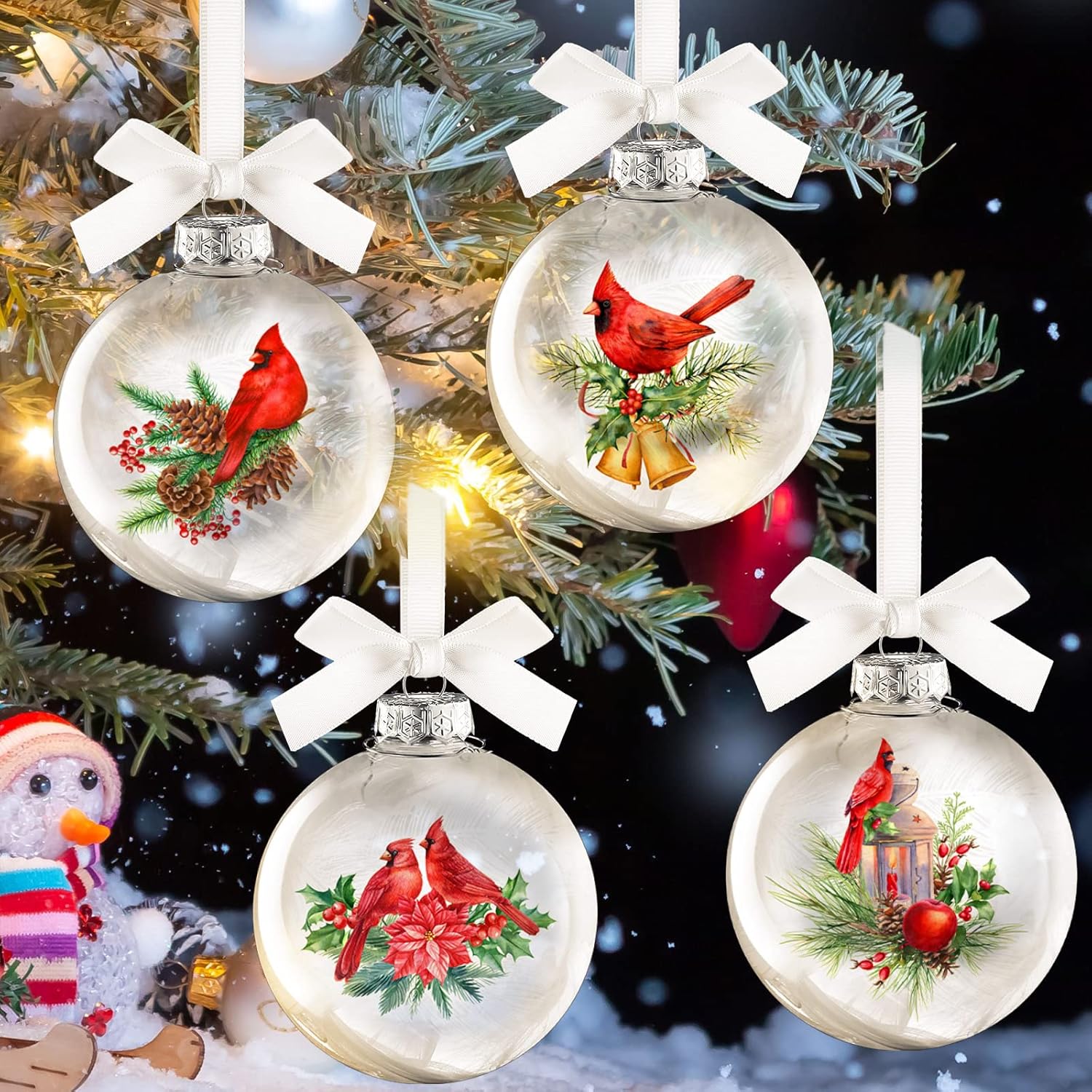 4 Pcs Cardinal Bird Glass Christmas Tree Ornaments Red Bird Hand Painted Cardinal Blown Glass Christmas Ornaments Balls with Feather for Xmas Tree Memorial Gifts(Classic Style)