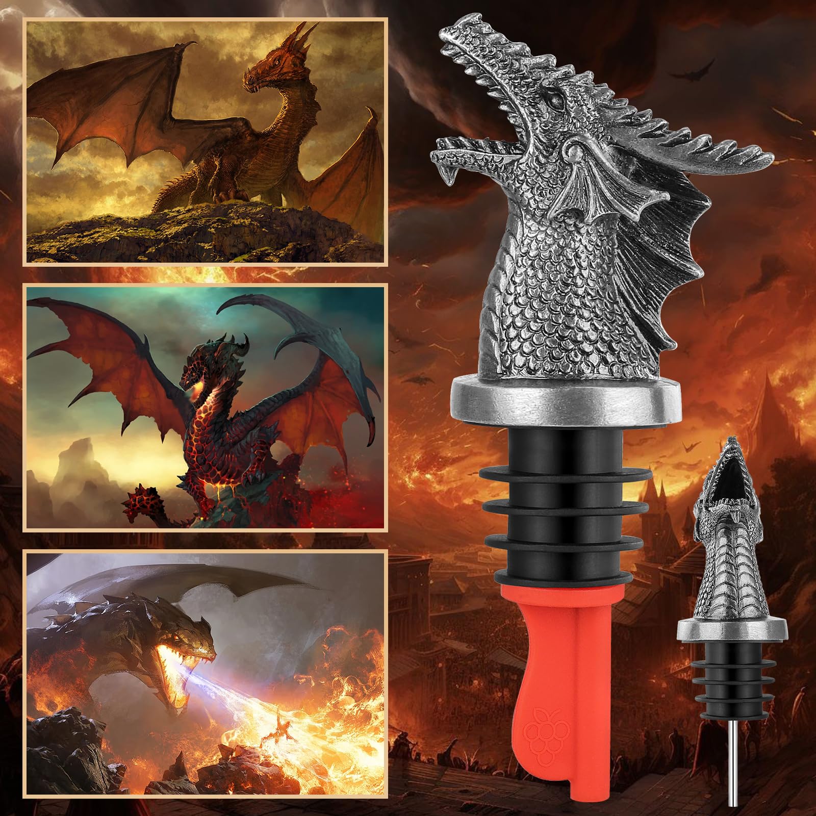 Dragon Head - Vertedor de licor con boquilla para bebidas alcohólicas, regalos de dragón 2 en 1, vertedor de botella de vino y tapón para hombres y mujeres, accesorios de vino, regalos 2