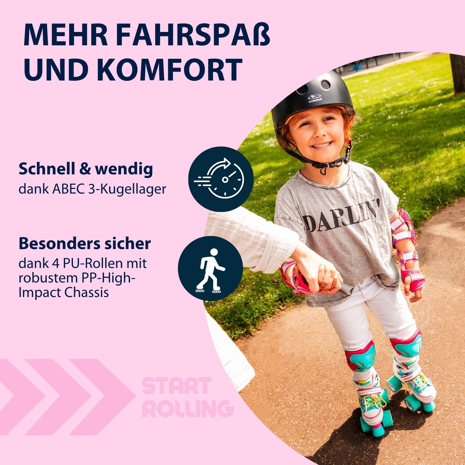 HUDORA Roller Skates Wonders in versch. Größen - Bequeme Kinder Rollschuhe über 4 Größen verstellbar - stilvolle Rollschuhe für Kinder bis 60 kg - Roller Schuhe aus hochwertigem Nylon