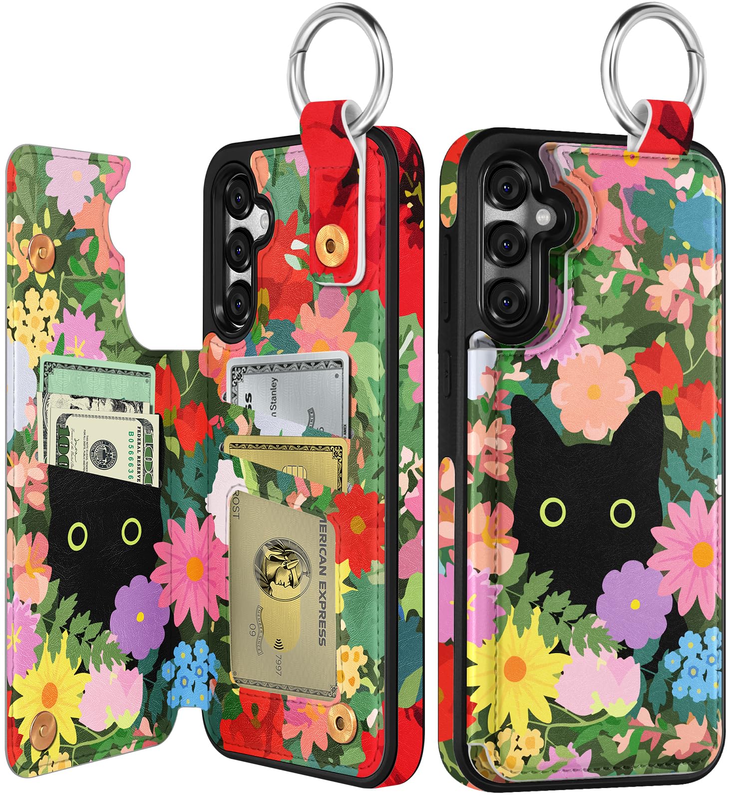 Shorogyt for Samsung Galaxy S24 Plus/for Samsung Galaxy S25 Plus Wallet Case with Card Holder - Designer Floral Cat Pattern Kickstand Magnetic Clasp