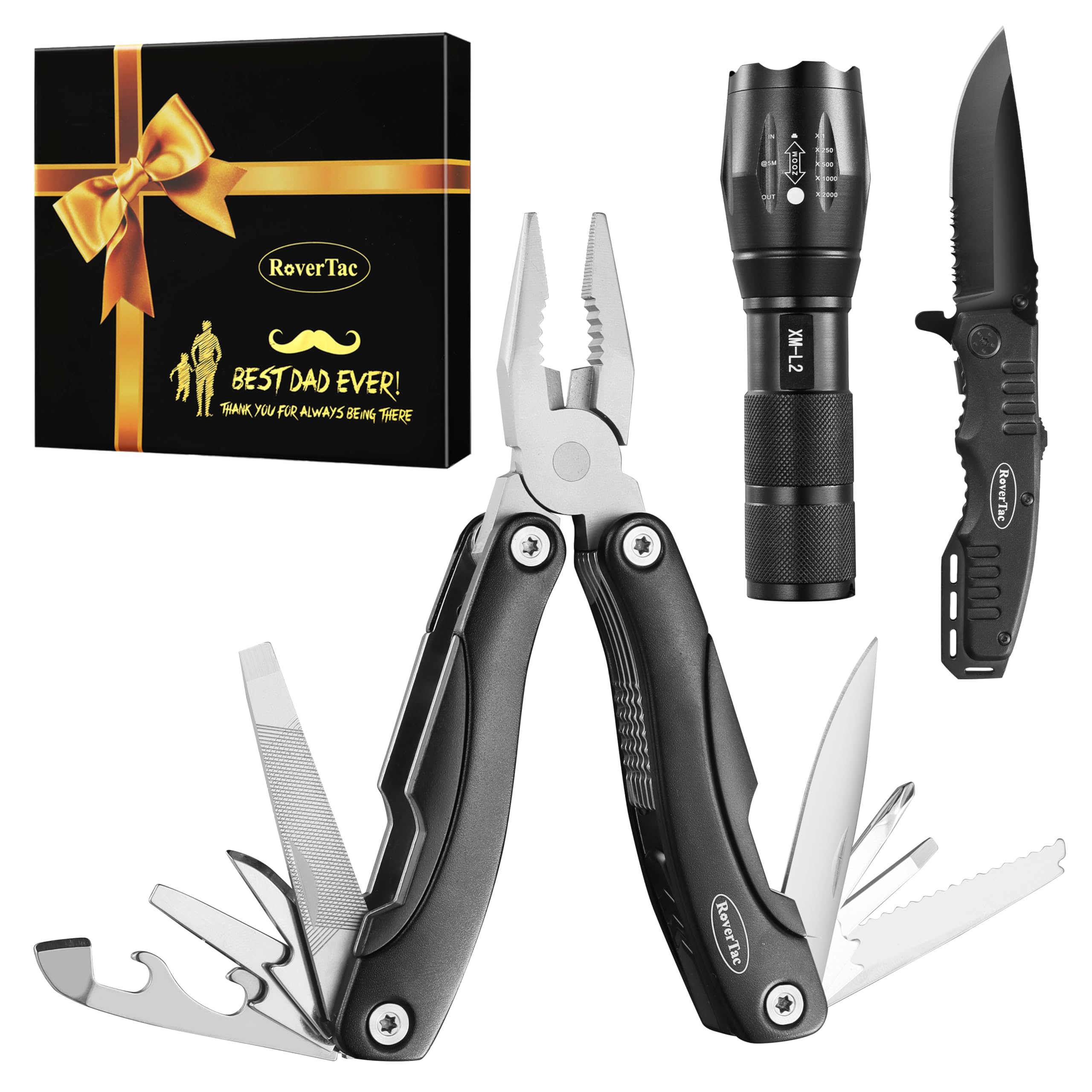RoverTac Tools Set for Dad Gift - 12-in-1 Multitool Pliers, Tactical Knife & Flashlight in a Gift Box with "BEST DAD EVER" - Unique & Practical Gift
