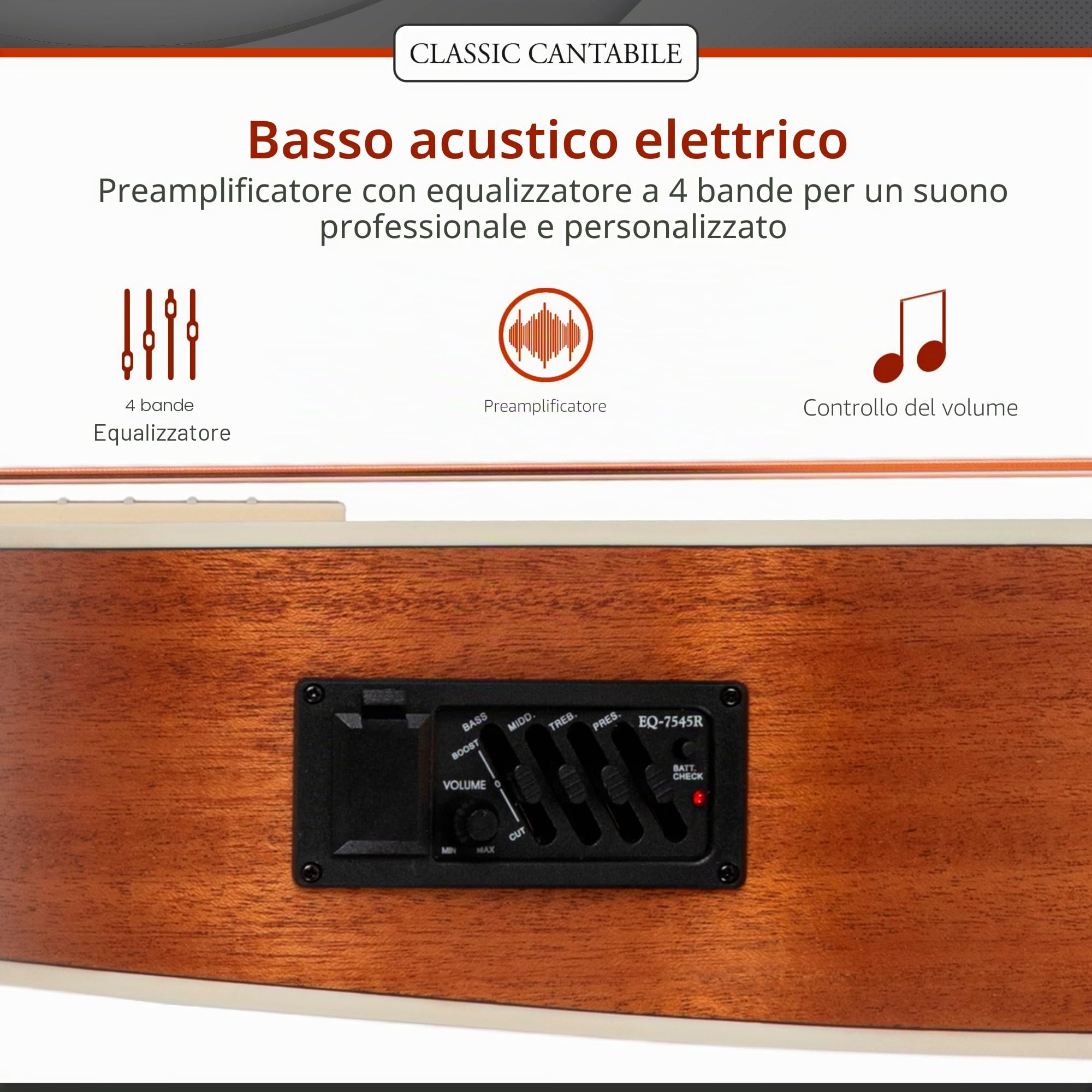 Classic Cantabile ABJ4-50CE-NT Jumbo Basso Acustico Natural, Generale | Modello: ABJ4-50CE-NT, Peso: 2, 3 kg, Numero di corde: 4, Orientamento: Destrimano, Corpo, Forma del corpo: Jumbo con Cutaway