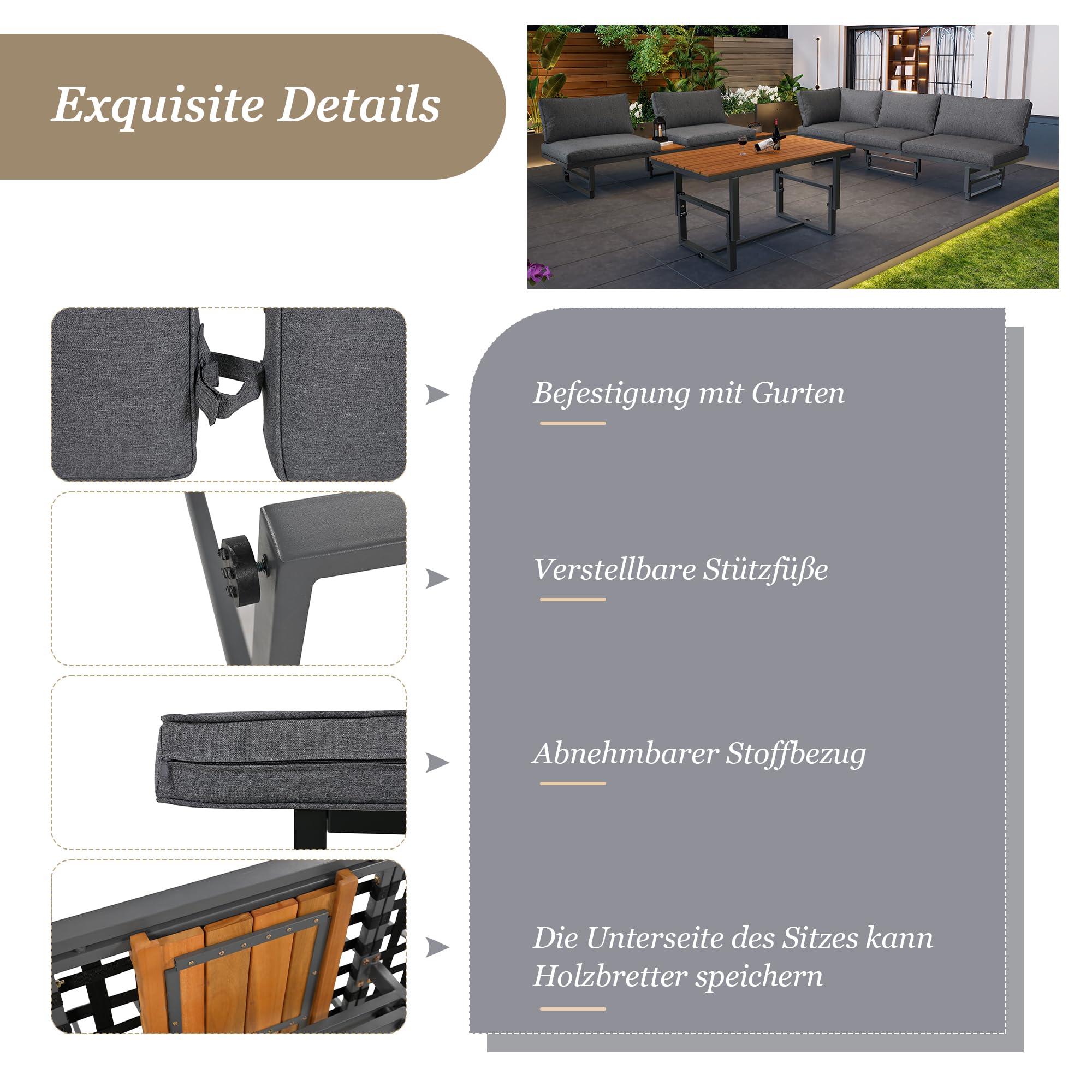 Juego de muebles de jardín de 3 piezas, color gris, con 2 sofás, mesa, estructura de hierro con recubrimiento en polvo, respaldo ajustable, madera de acacia, mesa ajustable, incluye todos los