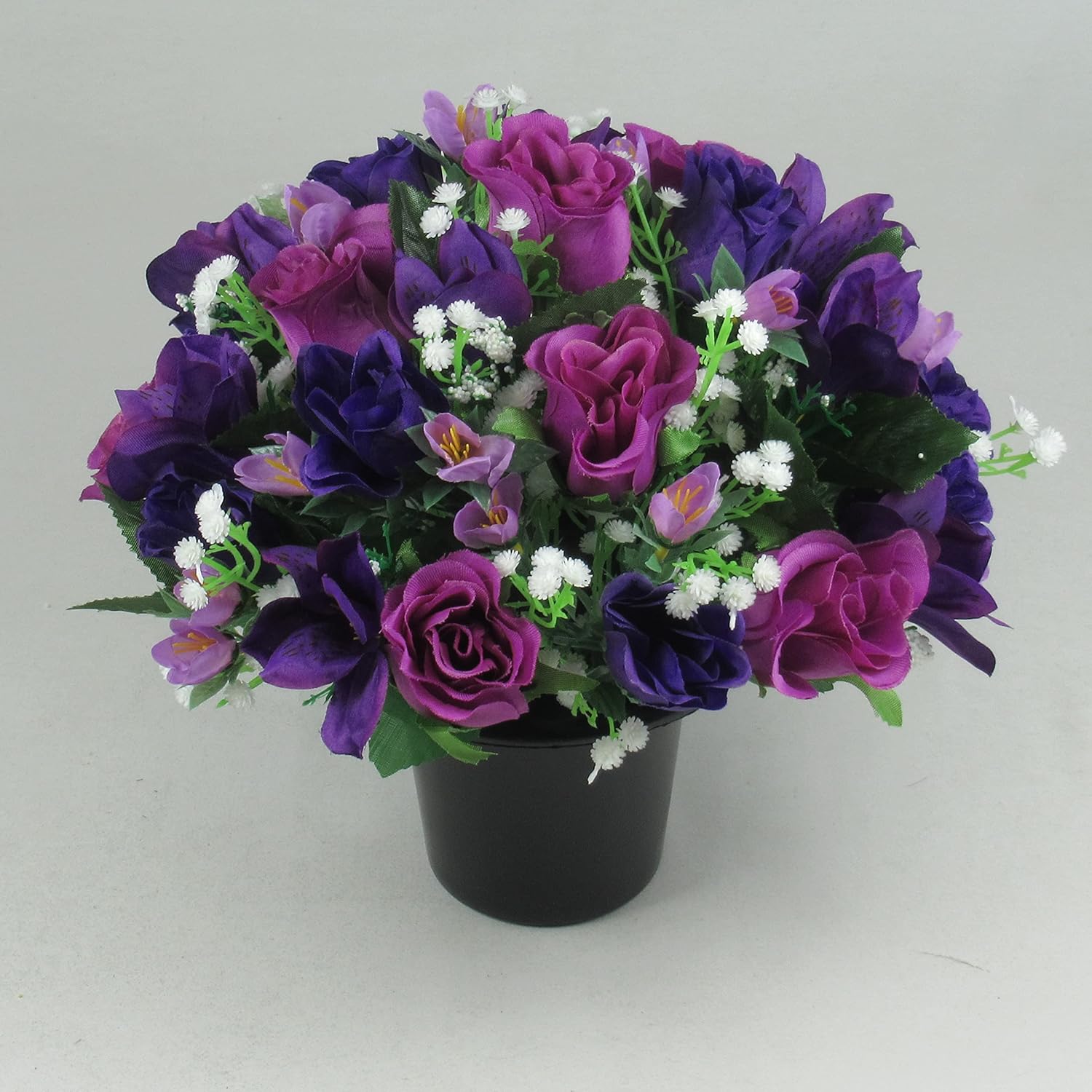 Just Because Flowers Artificial Grave Flower Arrangement with Purple Rosebuds and Mini