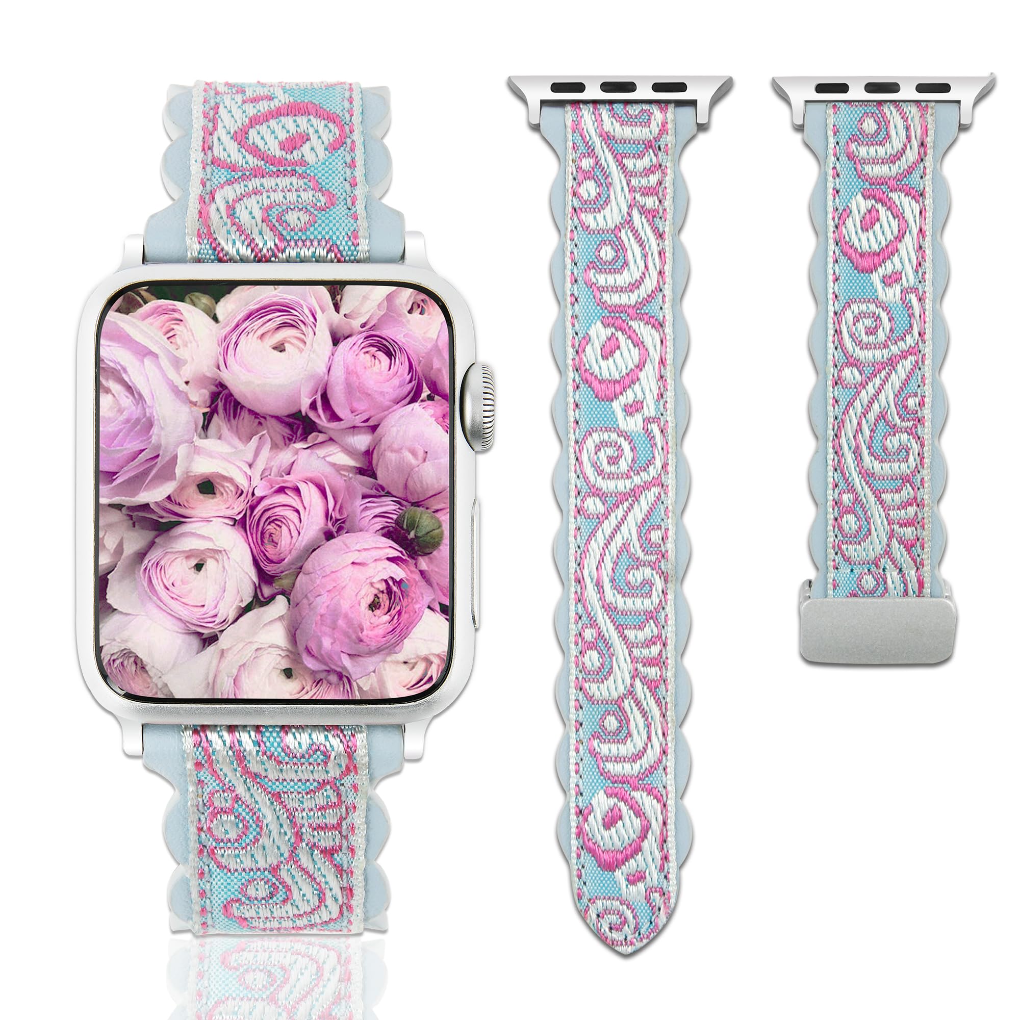 Leather Watch Bands for Apple Watch 42mm 44mm 45mm 49mm, Personality Embroidery apple watch ultra 2 band For iWatch Series 8 7 6 5 4 3 2 1 se, Elegant
