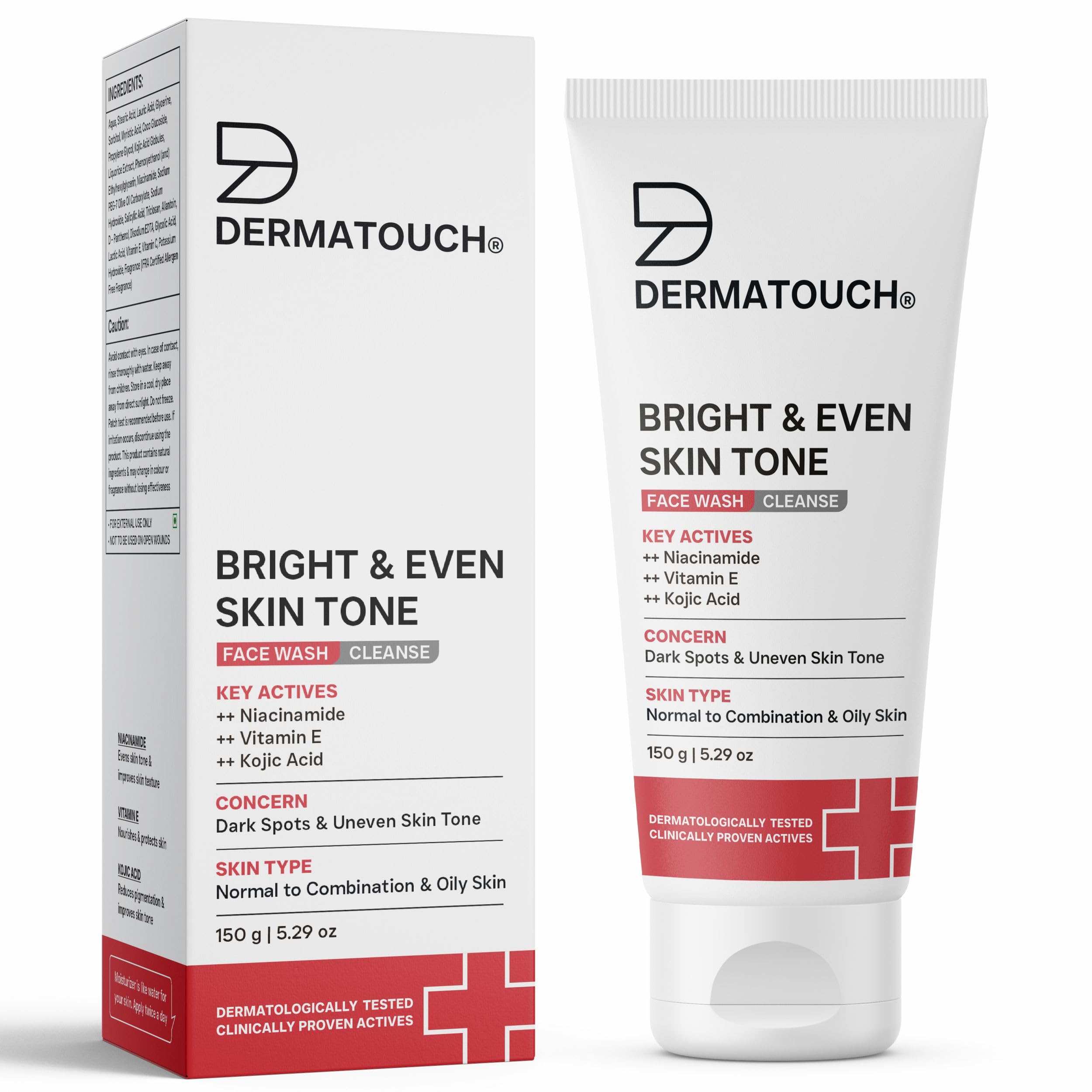 DERMATOUCH Bright & Even Tone Face Wash with Niacinamide, Vitamin E and Kojic Acid | Daily Gentle Face Cleanser For Tan, Pigmentation, Uneven Tone -150G