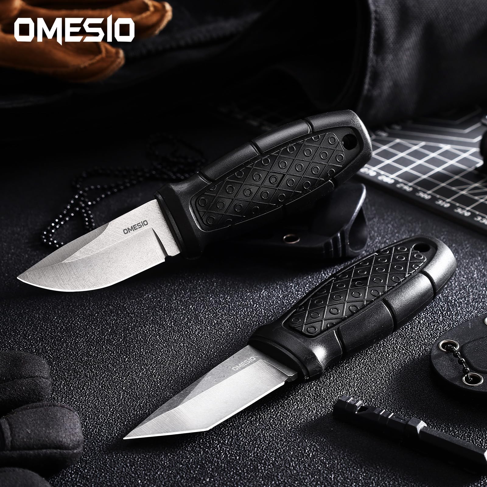 Omesio Coltello Da Caccia Tanto, Coltello Da Esterno Con Lama Da 6 Cm EDC, Manico in PP Con Lama in Acciaio 5cr14mov, Fodero in ABS, Catena a Sfere,Unisex, Adatto Per Escursionismo e Campeggio