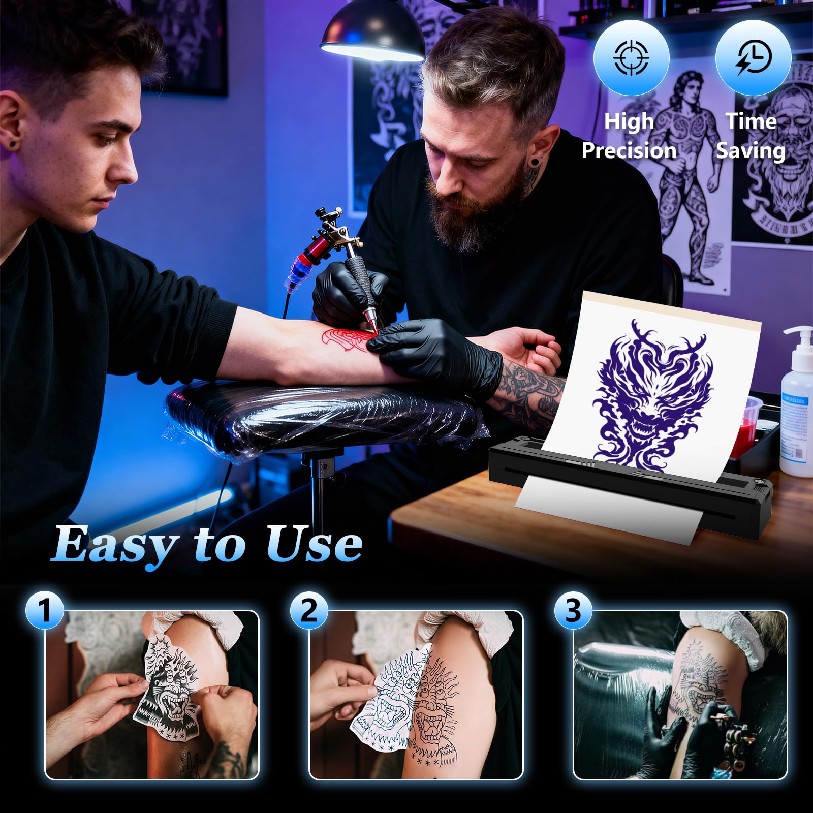 Thermocopieur Tatouage Bluetooth, Imprimante Thermique Stencil Transfert Machine à tatouer avec 10pcs Papier Stencil Transfert Tatouage+Papier Thermique A4 pour débutants et Artistes
