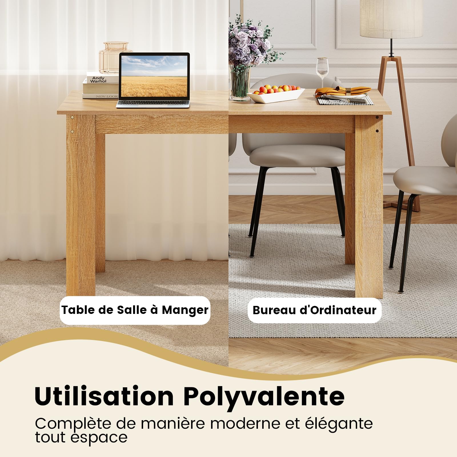 COSTWAY Table Salle à Manger 120 CM pour 4-6 Personnes, Table Cuisine Rectangulaire avec Pieds en Formes de L Robustes, Montage Facile, Charge Max. 60 kg (Naturel)