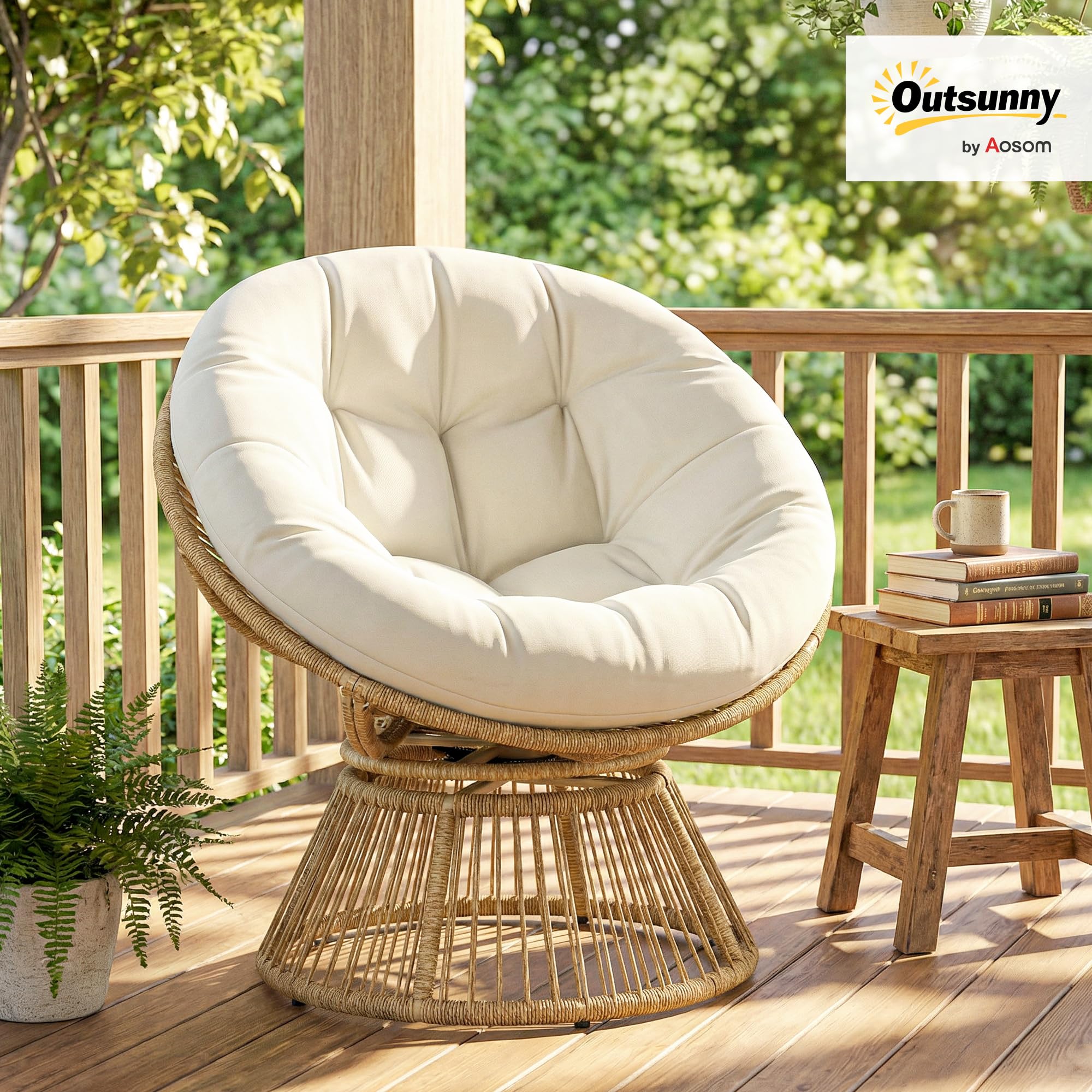 Outsunny Papasansessel 360° drehbar Korbsessel mit Kissen Stahlrahmen runder Rattansessel Loungesessel aus Polyrattan Drehsessel für Wohnzimmer Leseecke Lounge Cremeweiß