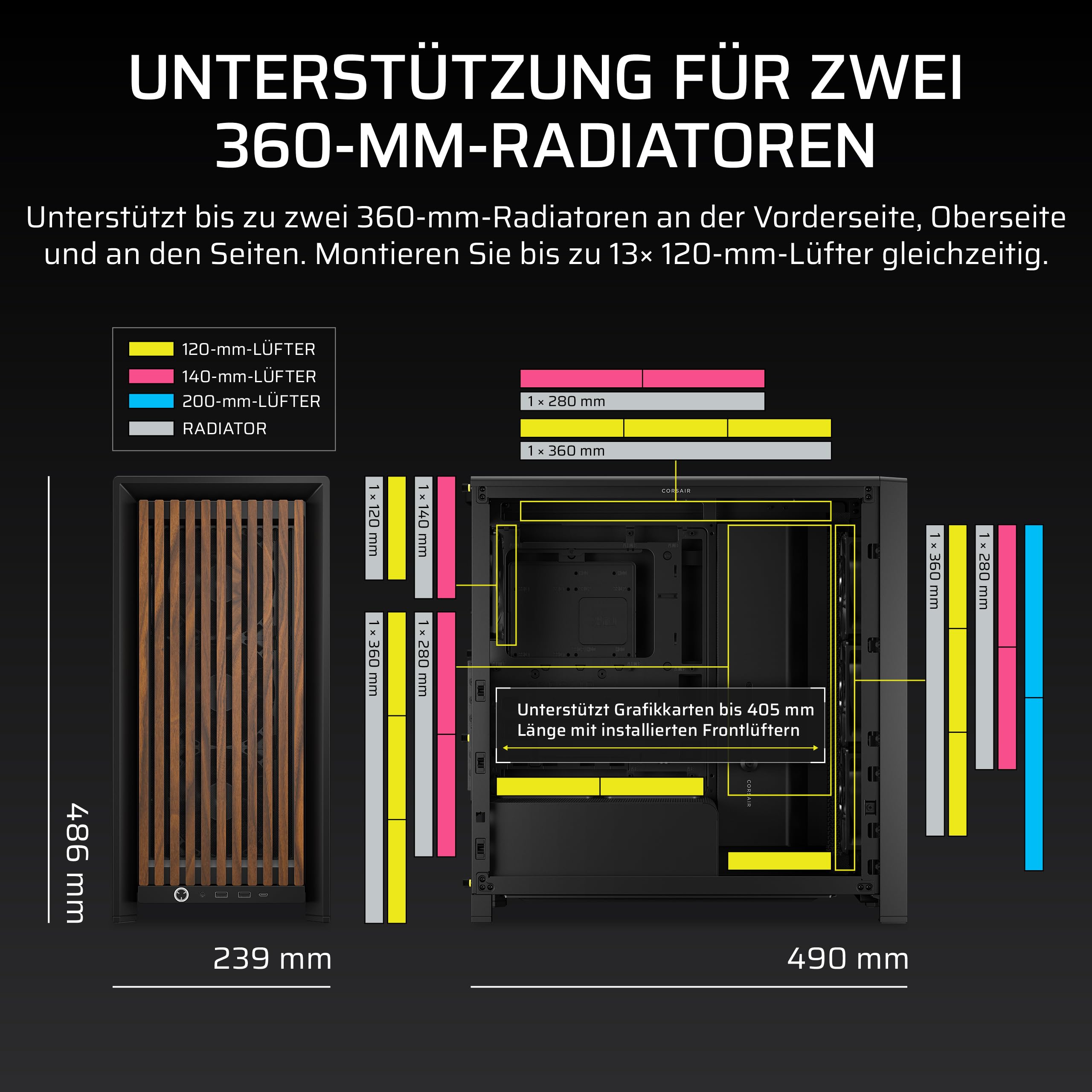 CORSAIR Frame 4000D Wood RS Mid-Tower-ATX-PC-Gehäuse – Schwarz & Walnuss | Modulares, Holzfrontpanel, 4x RS120 PWM-Lüfter Enthalten, InfiniRail-Lüfterhalterungssystem, GPU-Anti-Sag-Stabilisierungsarm