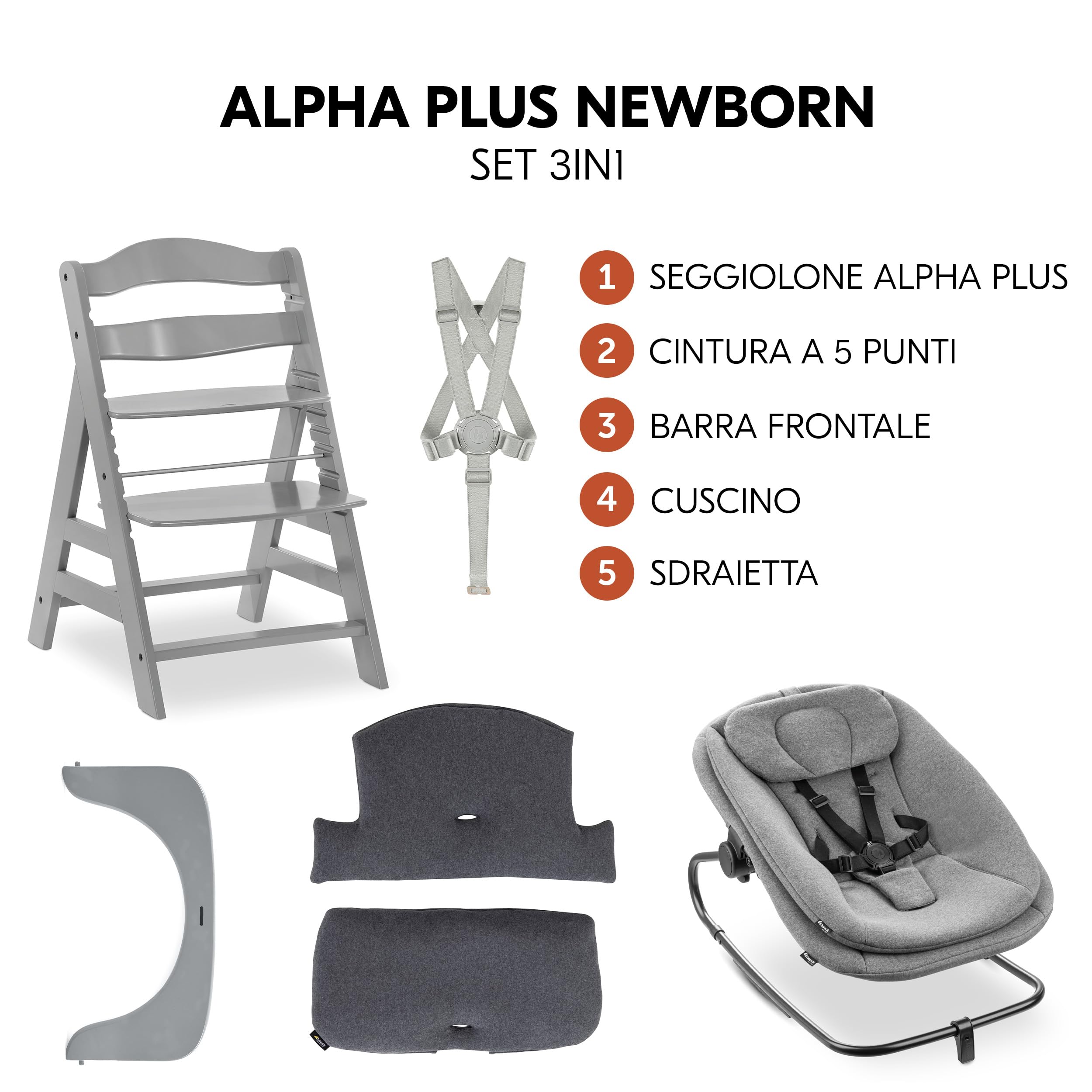 hauck Seggiolone Alpha+ Newborn Set Highchair Bouncer 3in1 - Sediolone Pappa Bimbi in Legno Da 0 Mesi Con Sdraietta Neonati Dondolo e Cuscino - (Grigio)