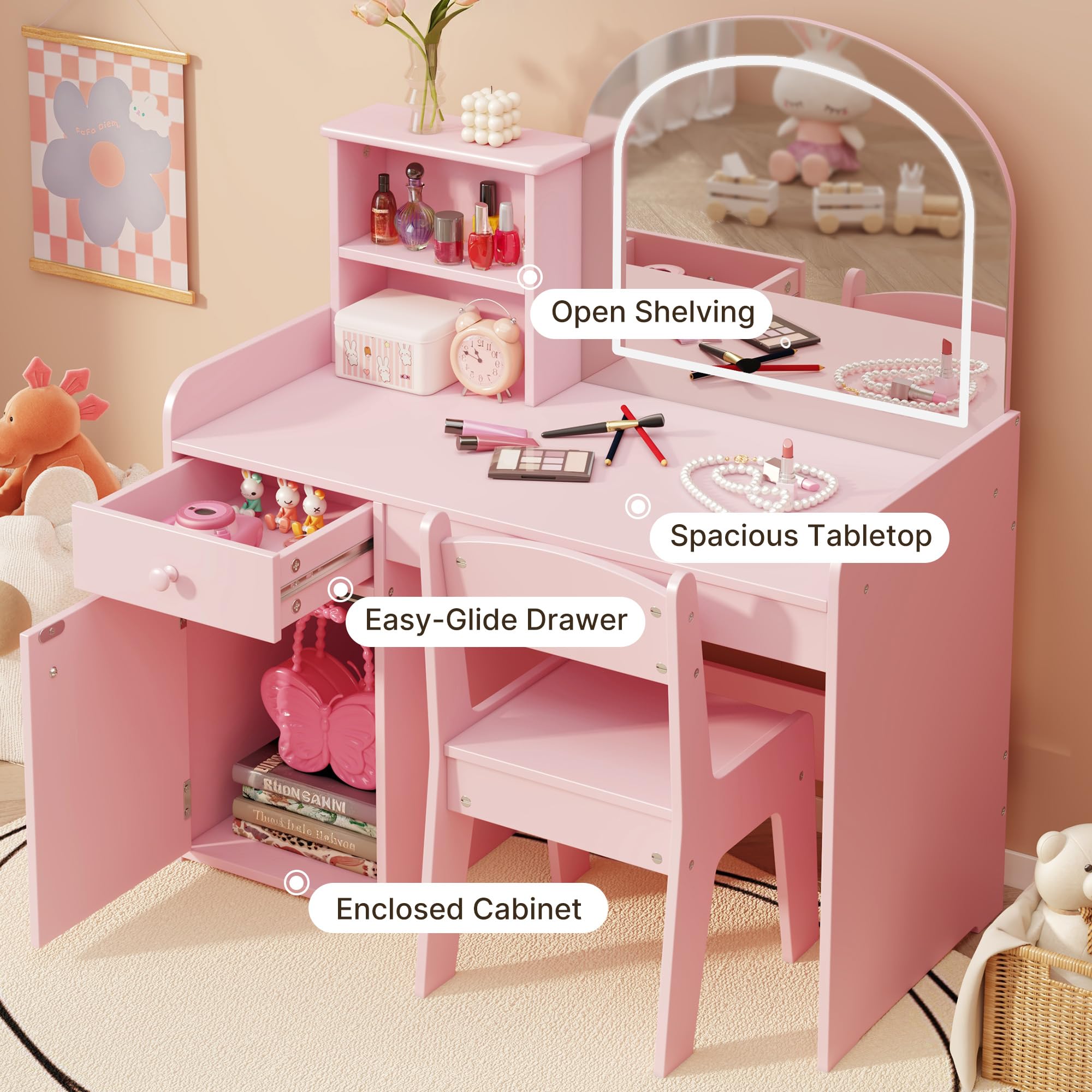 Gizoon Escritorio de tocador para niños con espejo y luces, color rosa