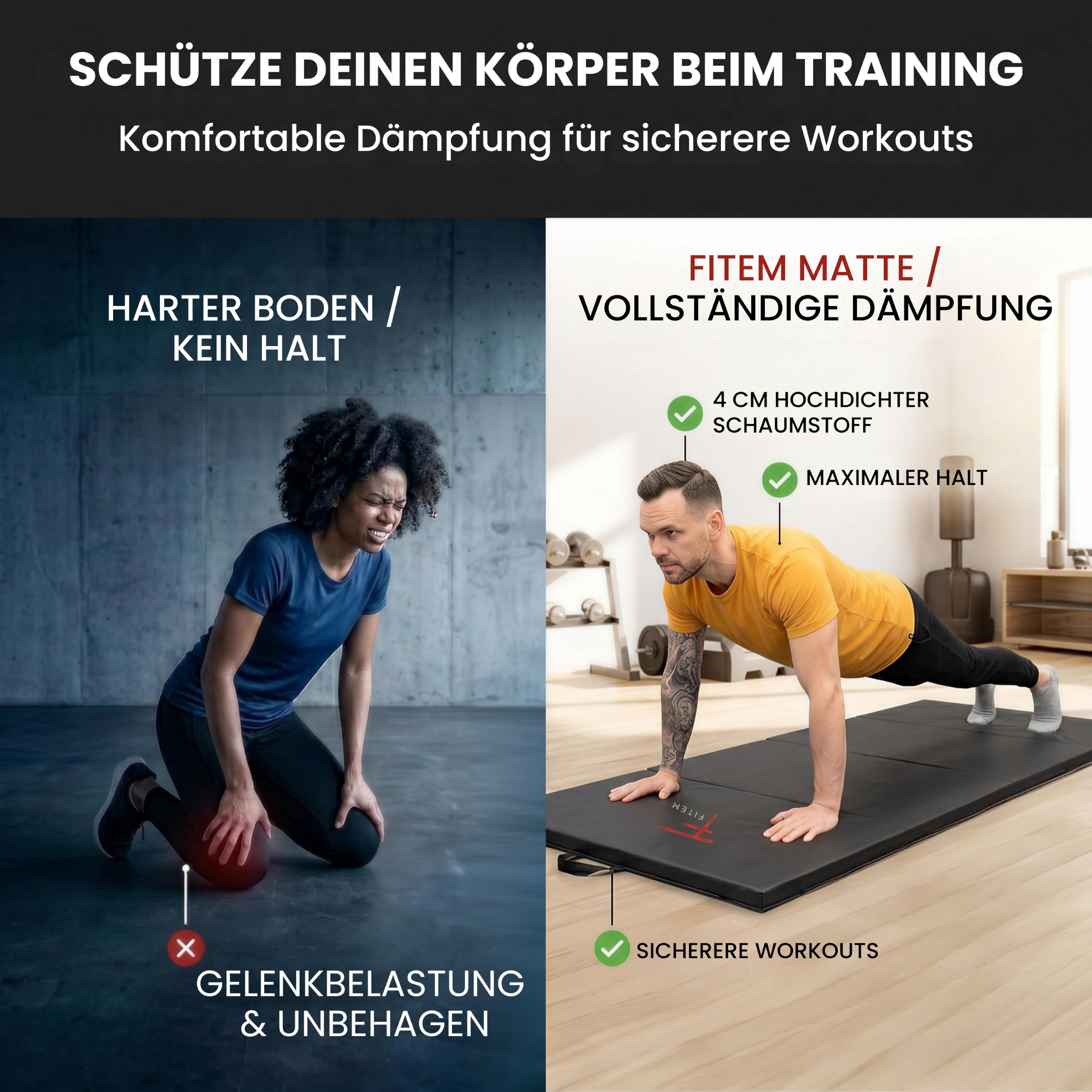 Fitem Fitnessmatten, faltbar, dick, Maße 240 x 120 x 4 cm oder 180 x 60 x 4 cm, mit Transportgriffen, für Gym, Yoga, MMA, Sport, Gymnastik, Fitness, Pilates, Muskeltraining