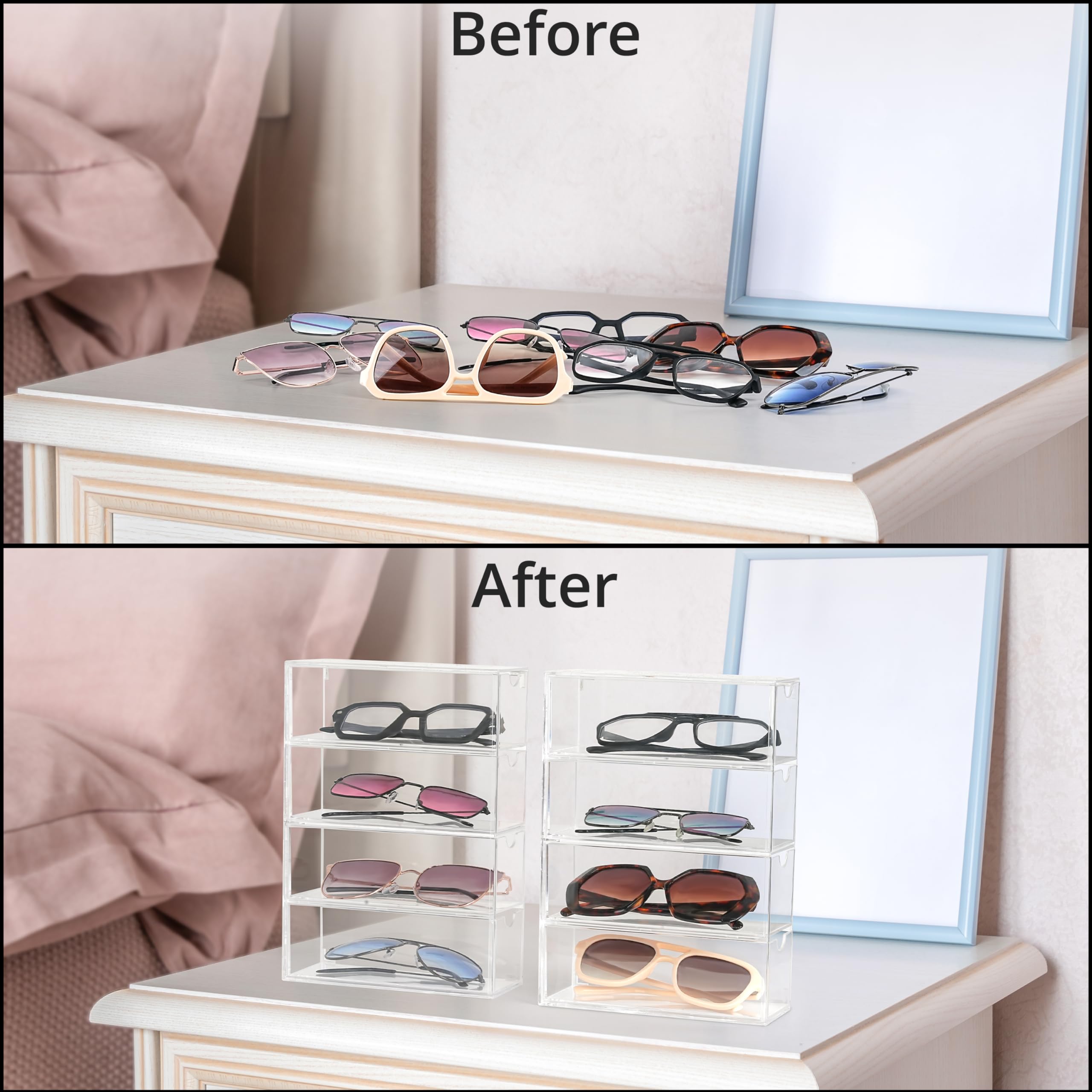 Winter Shore Organizer na Okulary z Akrylu z 4 Szufladami [Zestaw 2szt.] - Przezroczysty Pojemnik na Okulary, Okulary Przeciwsłoneczne i Akcesoria - Zestaw 2 Stosowalnych Organizerów na 8 Par Okularów