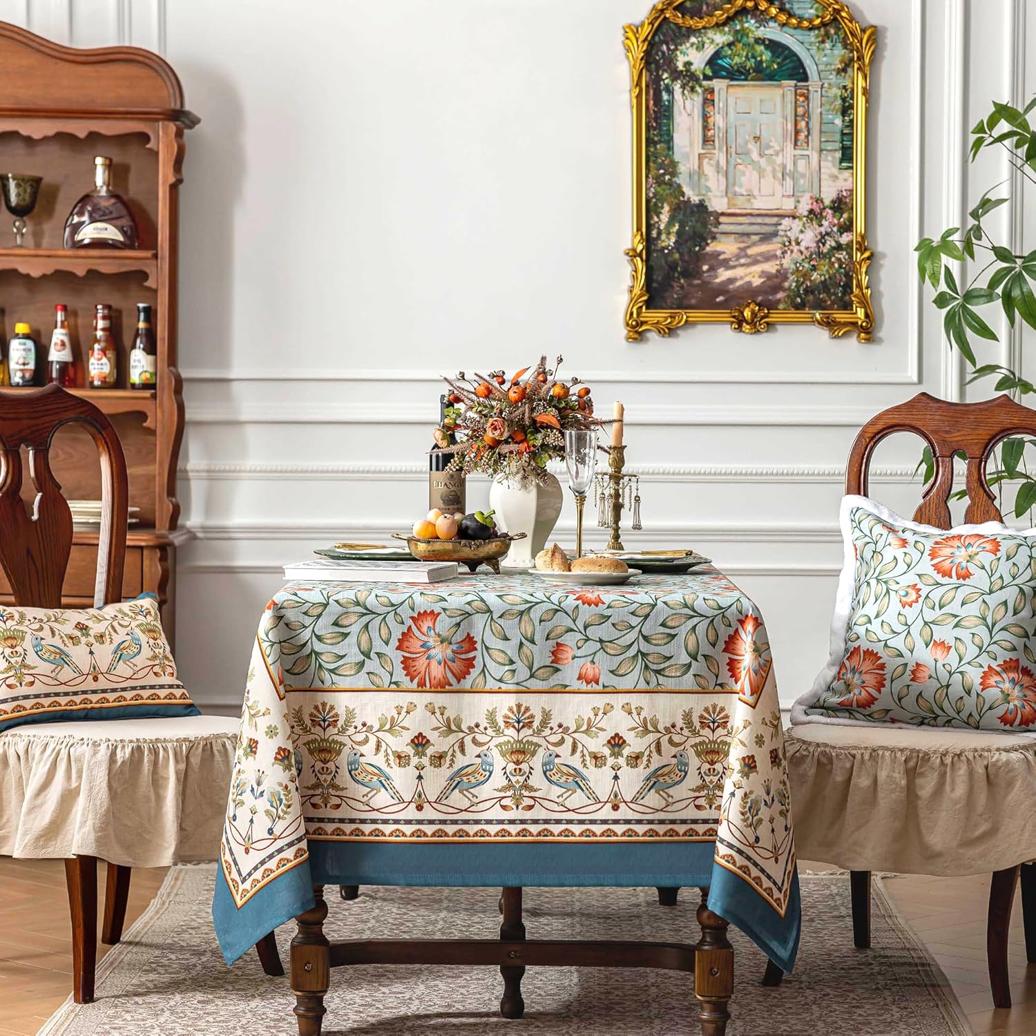 JIALE Table Cloth Rectangle Table, Cotton Linen French Designer Pattern Vintage Floral Table Cloth with Flowers and Leaves Farmhouse Table Cover for Kitchen Dining, Christmas, 60"x80" - Image 2