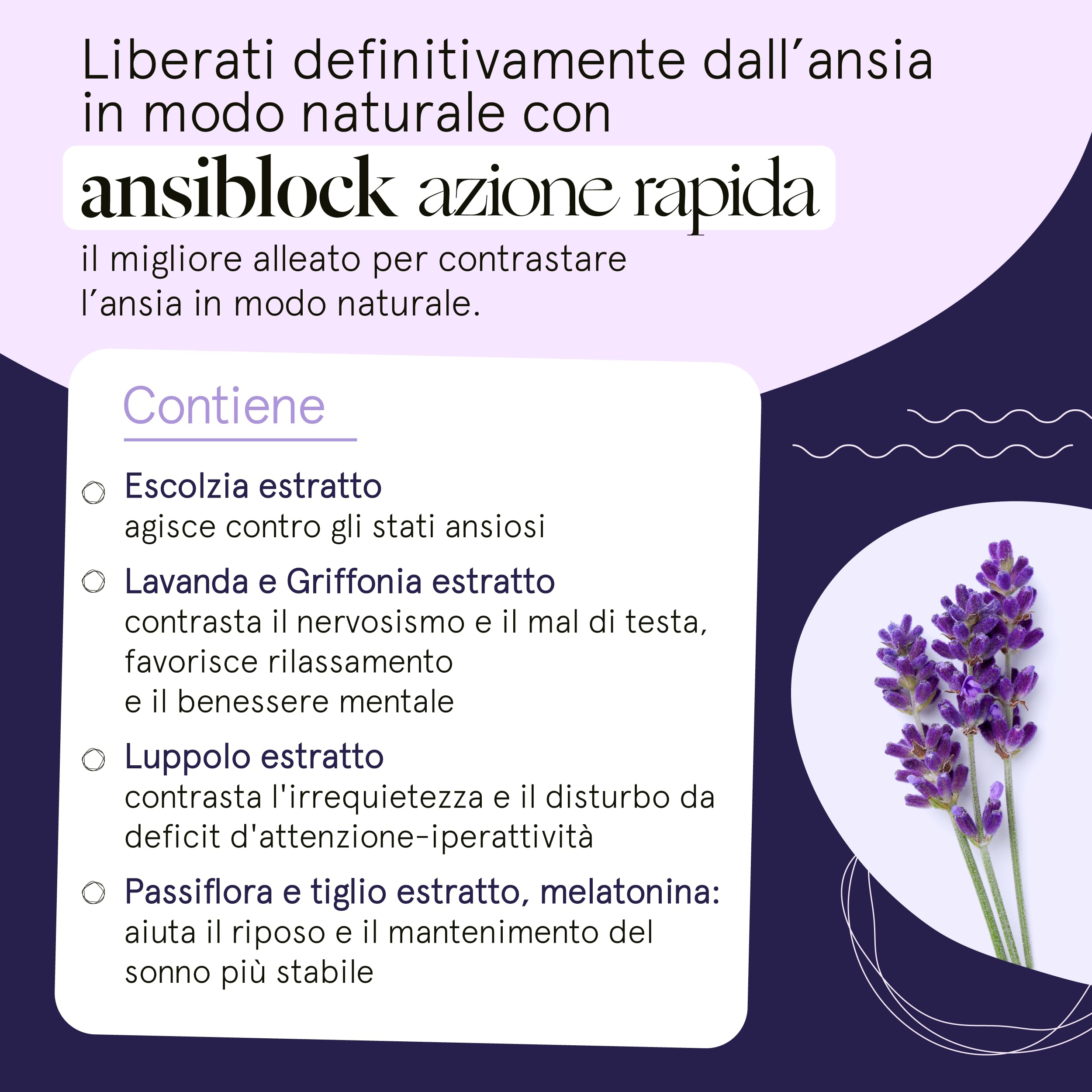 Integratore Ansia 100% Naturale | Ansiblock Azione Rapida | Potenziato con Passiflora Griffonia Melatonina Escolzia per Benessere Mentale | Super Rilassante | Blocca l’Ansia e Stress in Totale Relax