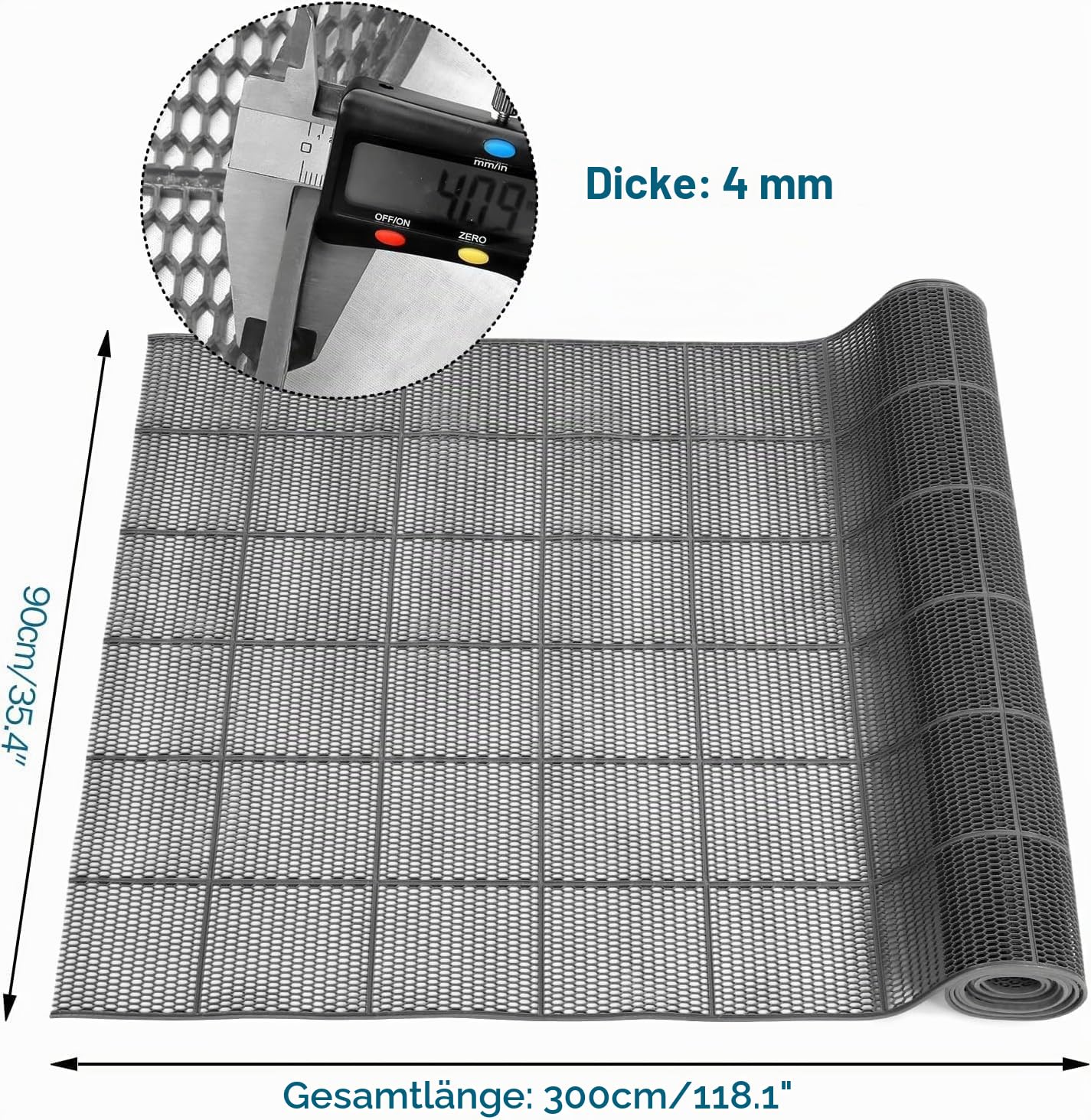 MYOYAY Drainage Bodenmatte 4mm Dick, 90 x 300 cm rutschfest Duschmatte Kommerzielle Antirutschmatte PVC Mesh Drainagematte Perforiert Hohlmatte Gummimatte für Küche Schwimmbad Grau