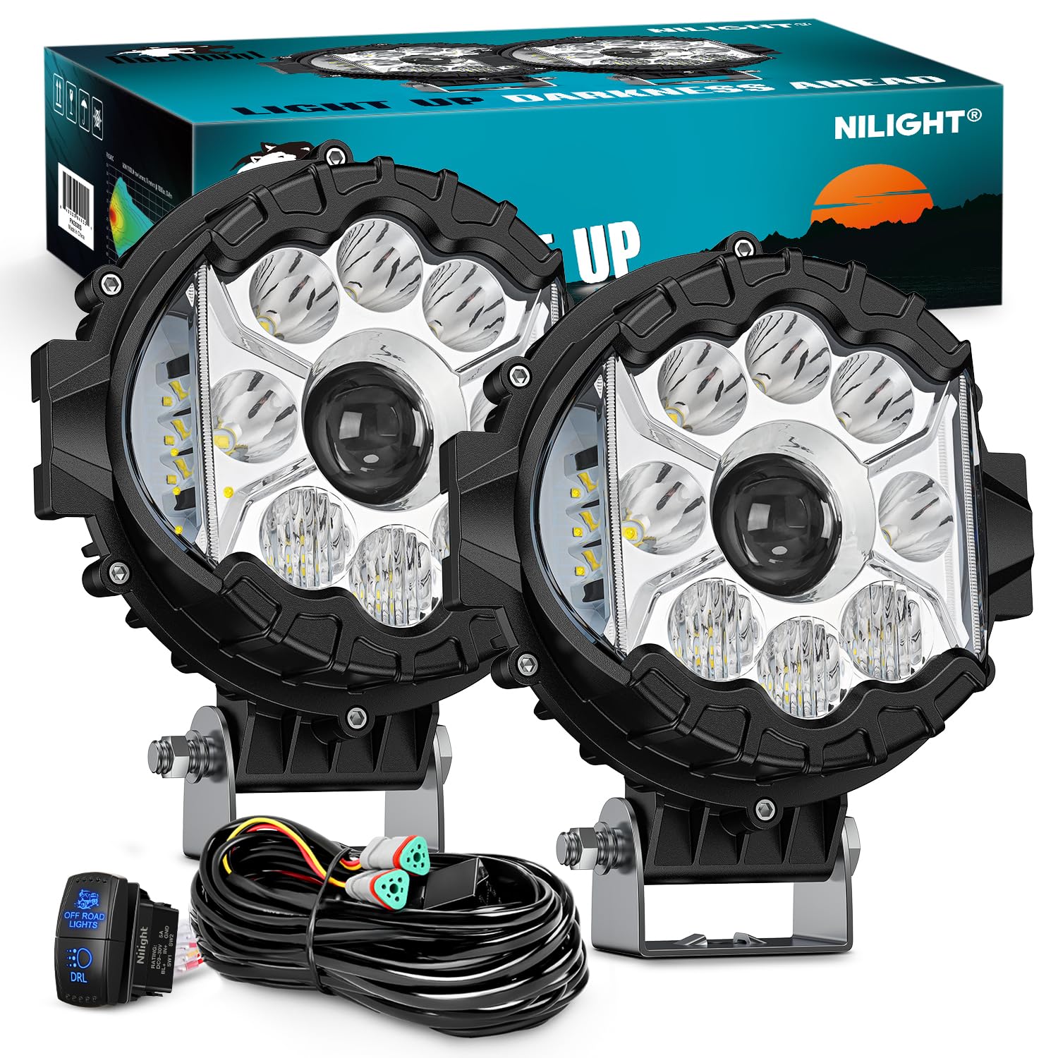 Nilight 7 Inch LED Offroad Driving Lights High Low Beam 2 PCS 80W Round White Light Side Shooter Spot Flood Fog Light Pod w/ 16 AWG DT Connector