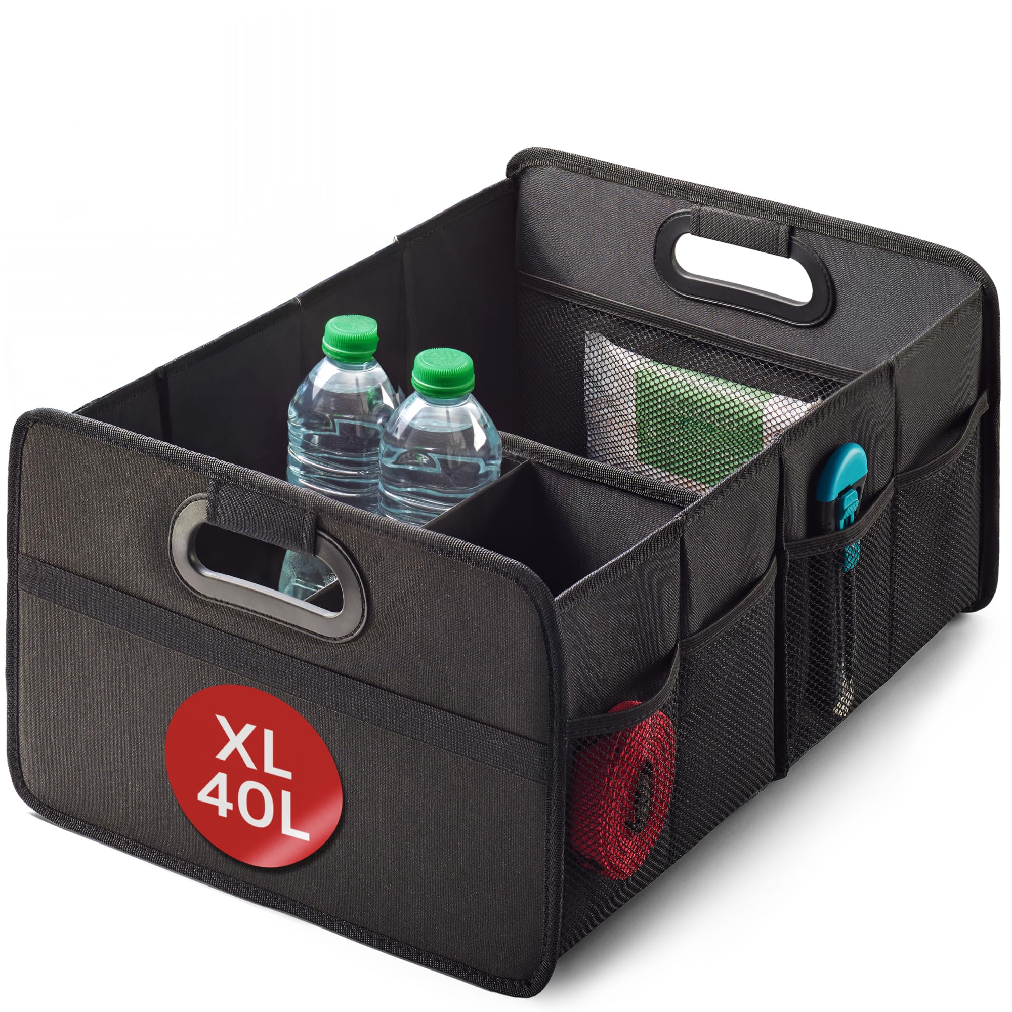 Praknu Organizador de Maletero Plegable XL – 3 Compartimentos Flexibles con 5 Bolsillos – Base Antideslizante – Tamaño Ideal para Organización del Coche – Robusto y Resistente al Agua de Tela Oxford