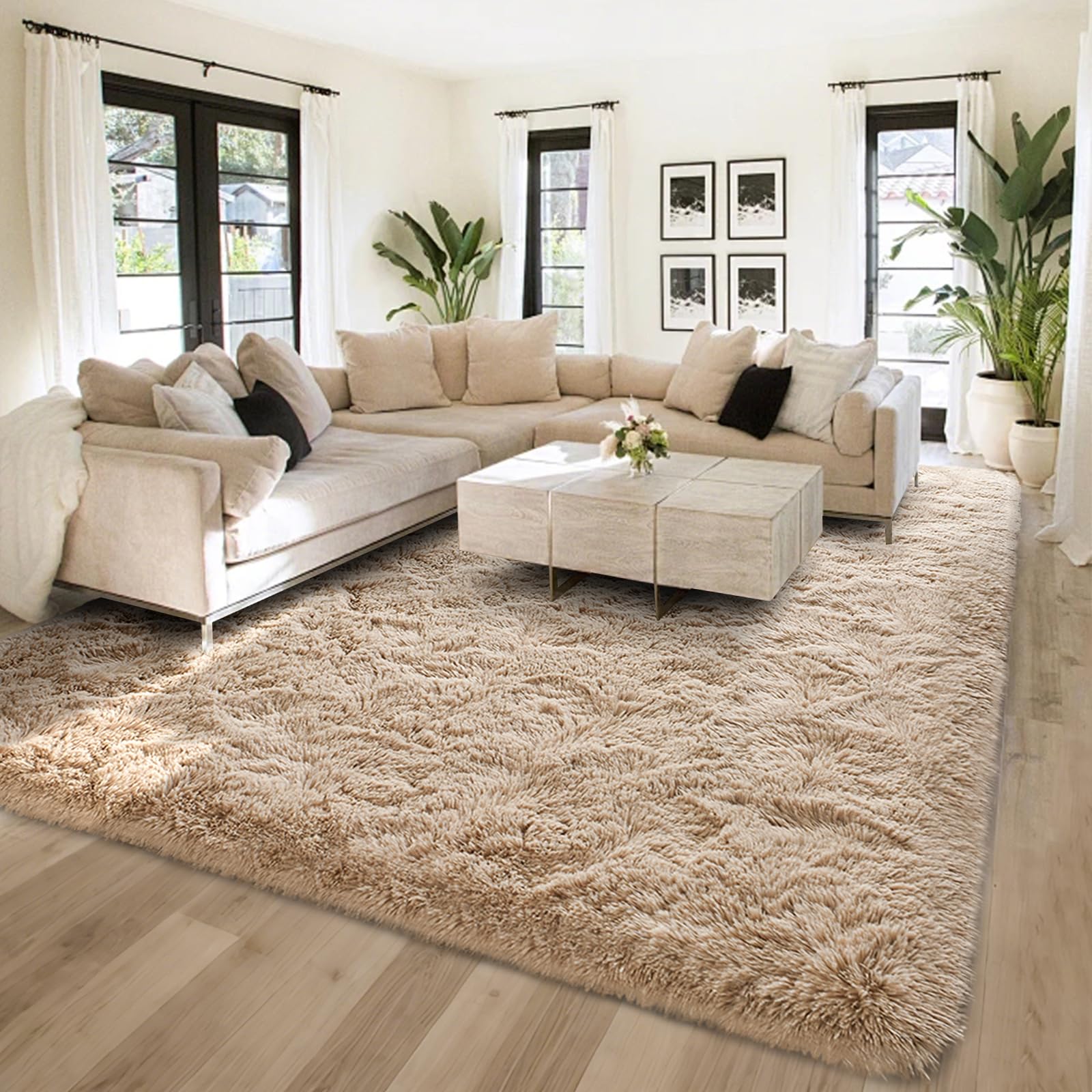 FinRèc 6x9 Feet Tan Rugs for Living Room Bedroom, Fluffy Plush Area Rug, Non-Slip High Pile Shaggy Rug for Kids Room Dorm Room Home Decor, Indoor