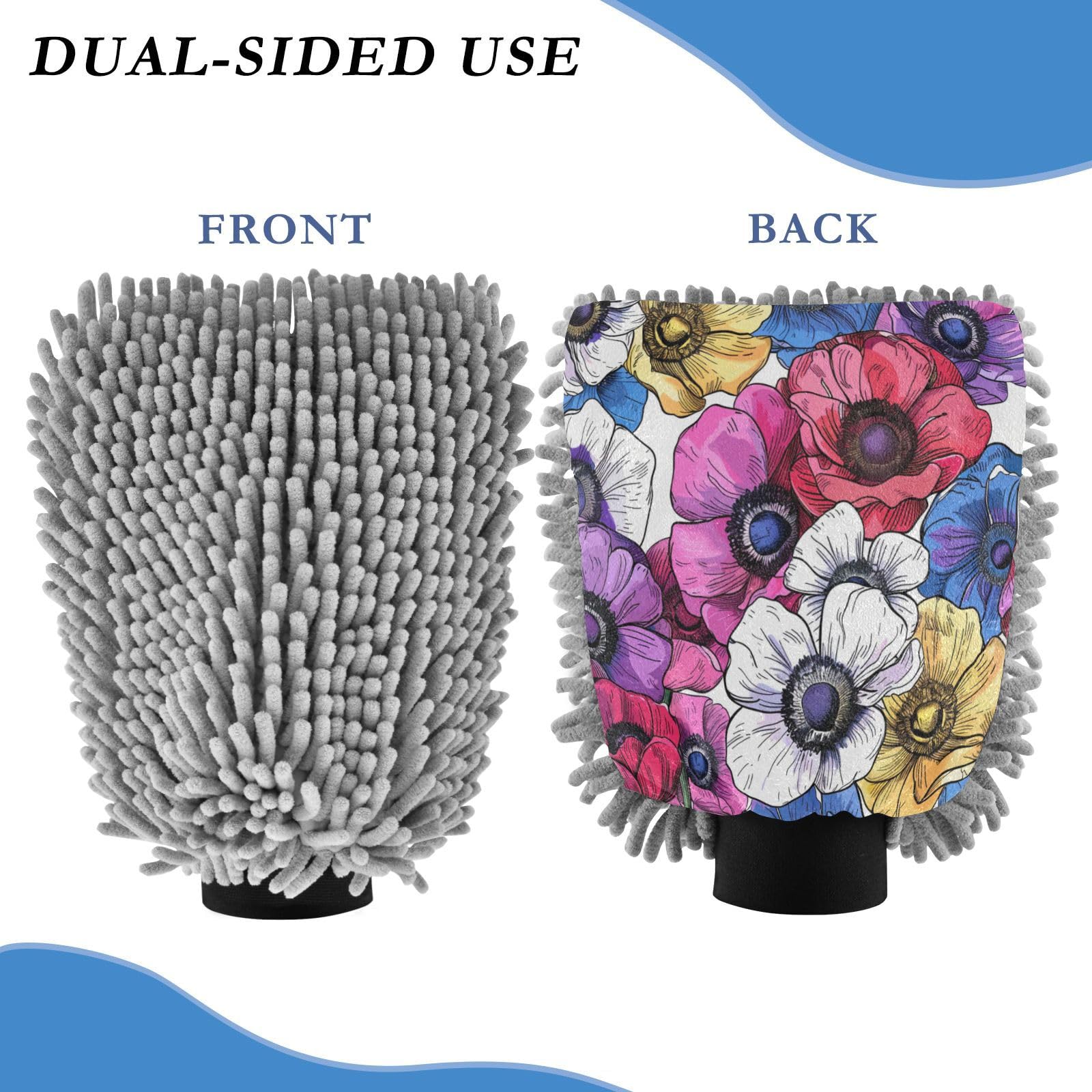 ALAZA Colorful Anemone Flower Floral Car Wash Mitt Scratch Free, 2 Pack Absorbent Microfiber/Chenille Washing & Drying Mitts, M