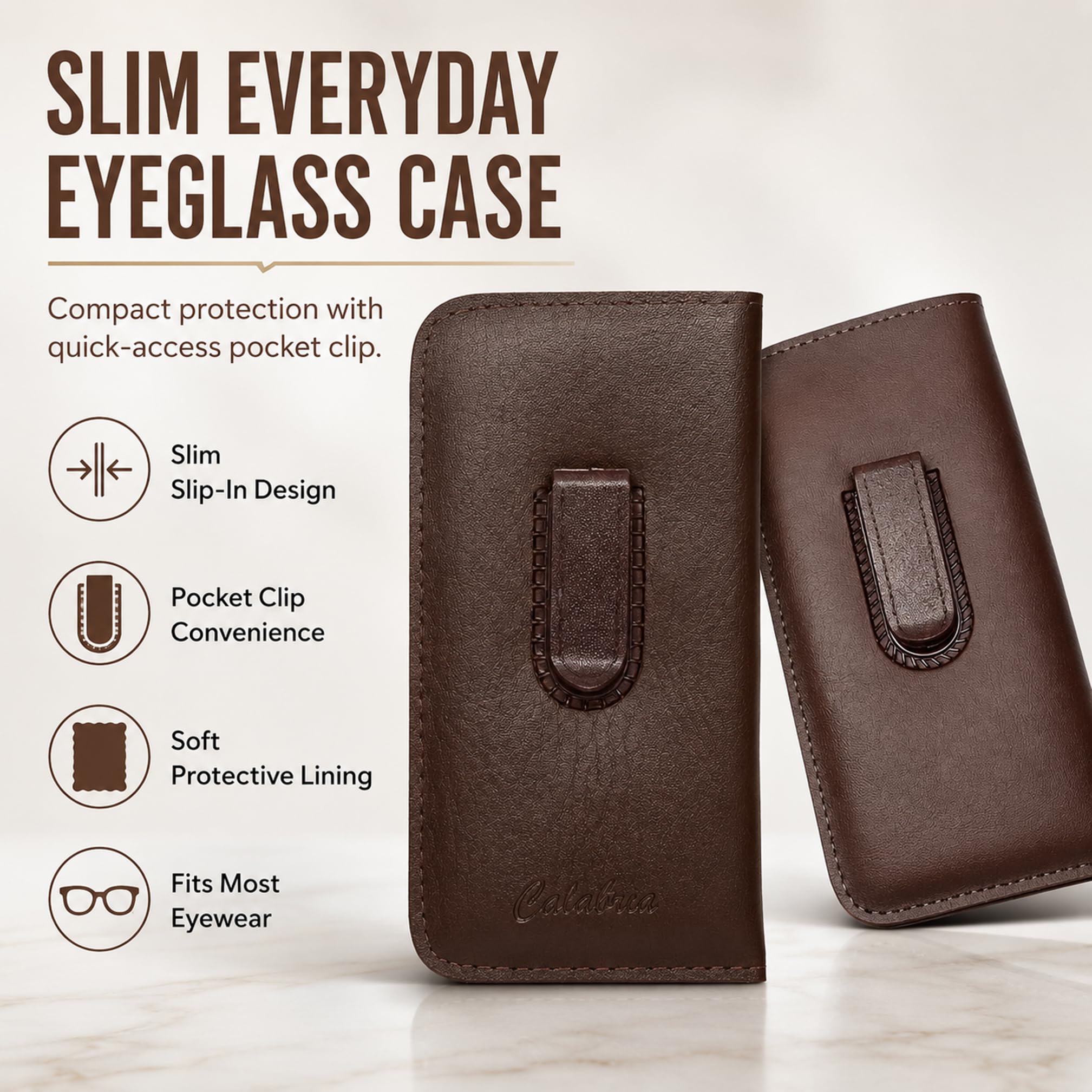 Calabria Soft PU Leather Felt Eye Glasses Case w/Plastic Pocket Clip Slim Eyeglass Pouch Slip-In Travel Sunglass Holder Bag