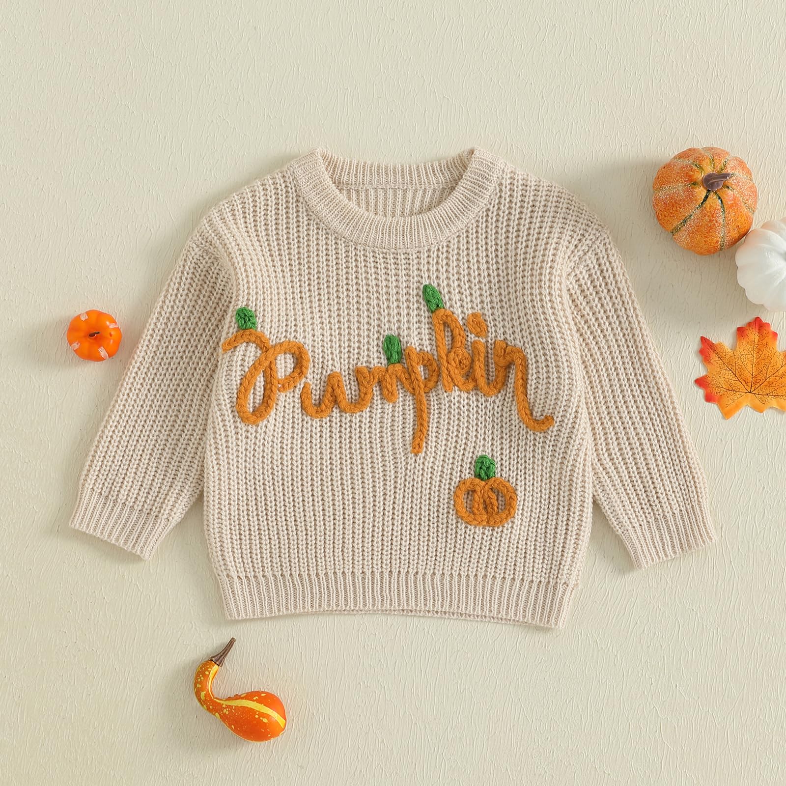 Toddler Baby Boy Girl Halloween Outfit Pumpkin Sweater Embroidery Knit Pullover Sweatshirt Fall Winter Clothes (Beige, 0-3 Months)