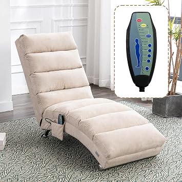 Chaise Lounge Chair Indoor with Electric Massage, Linen Upholstered Lounge Sofa, Ergonomic Electric Recliner Chair with 5 Modes, Modern Long Lounger for Office Bedroom or Living Room Beige