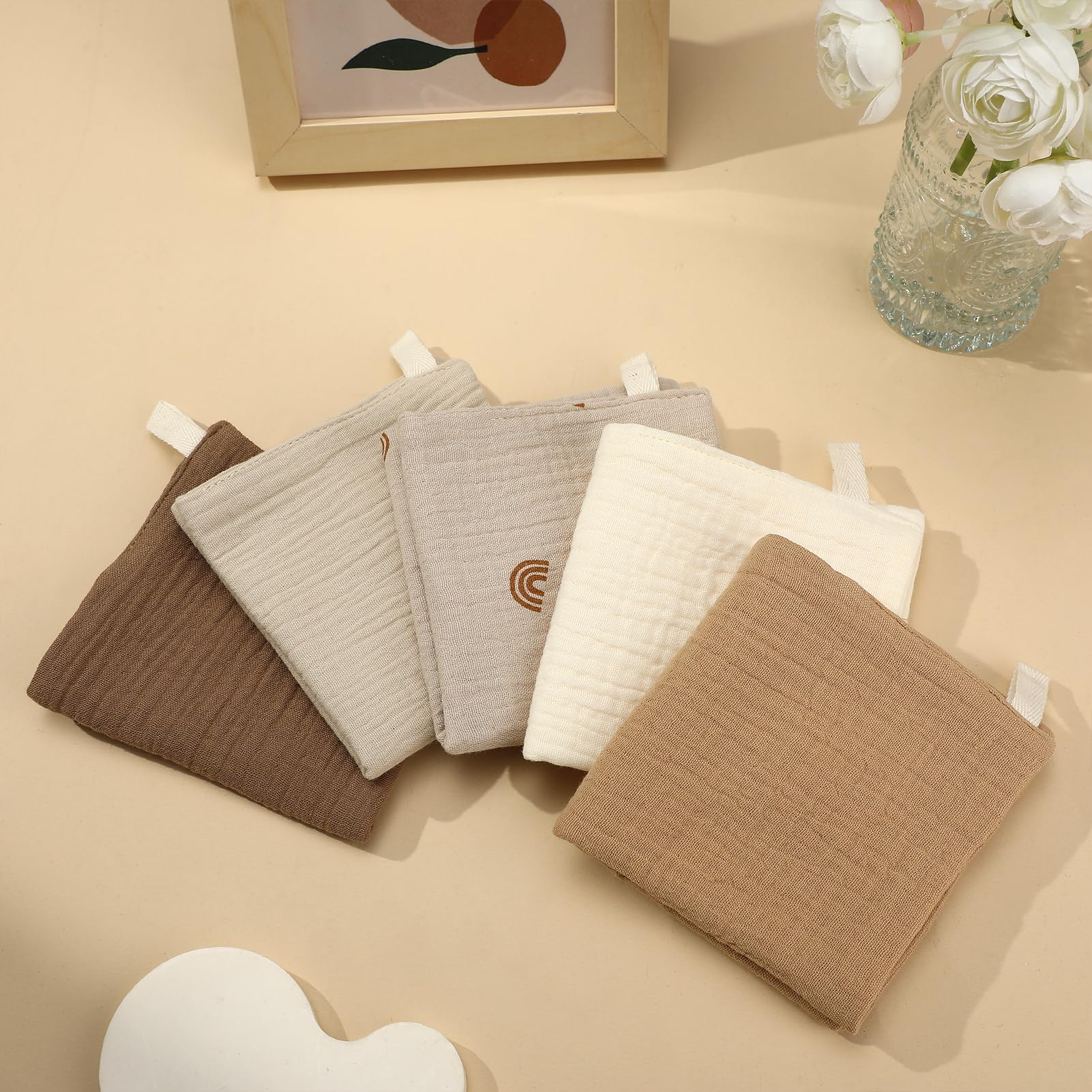 Meng Jiaran 5 Pack Baby Muslin Cloths Squares 23x22cm Washcloths 100% Cotton Wipes Baby Essentials for Newborn Wiping Feeding - Image 4