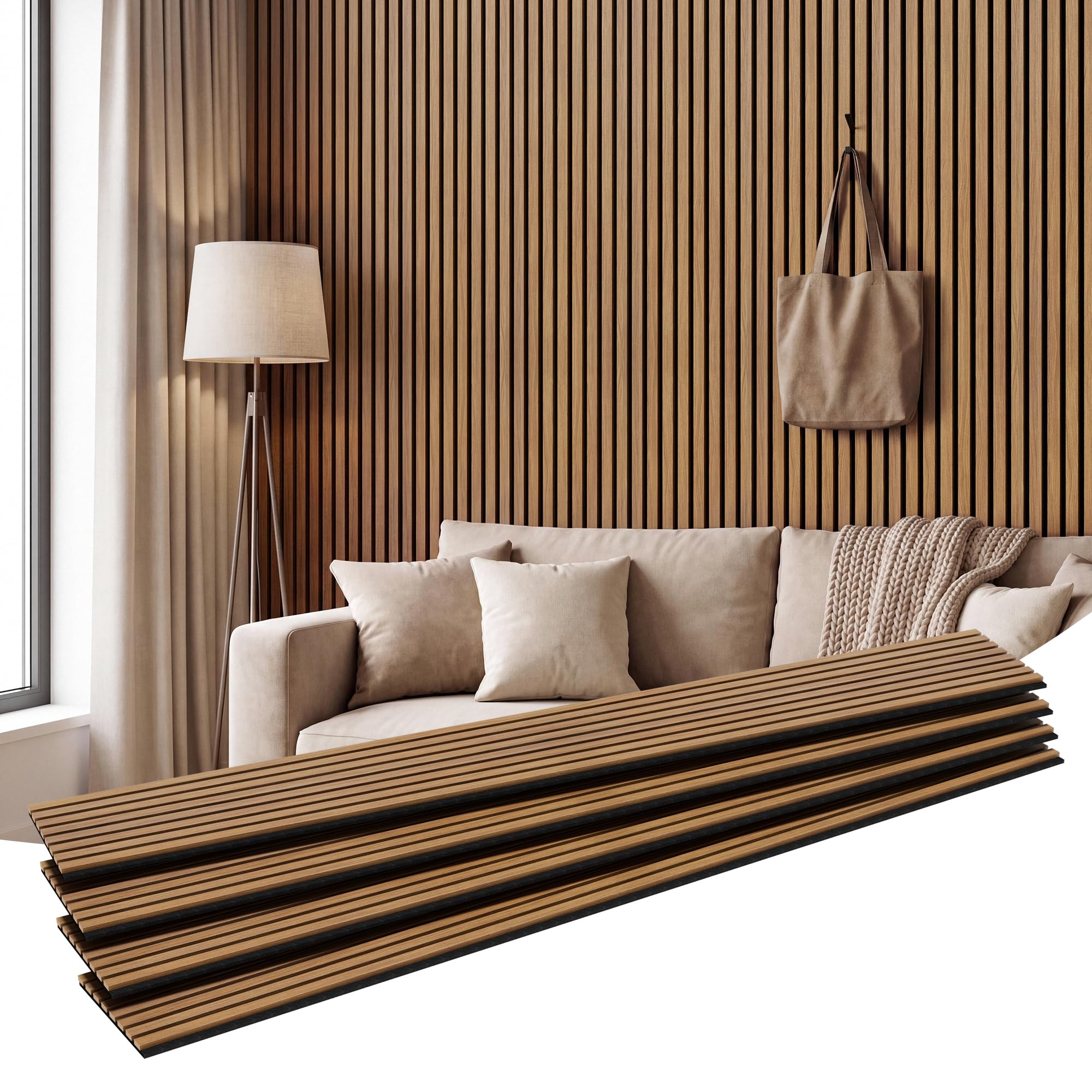 Photo 1 of Amsleekey Acoustic Wood Slat Wall Panels 94.5" x 12.6" Teak (4-Pack)