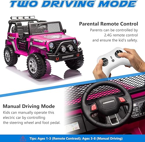 Miniatura 3 de HOMFAMILIA Camión de paseo para niños de 2 plazas, automóvil eléctrico de batería de 12 V para 2 niños, con suspensión de resorte, control remoto, 3