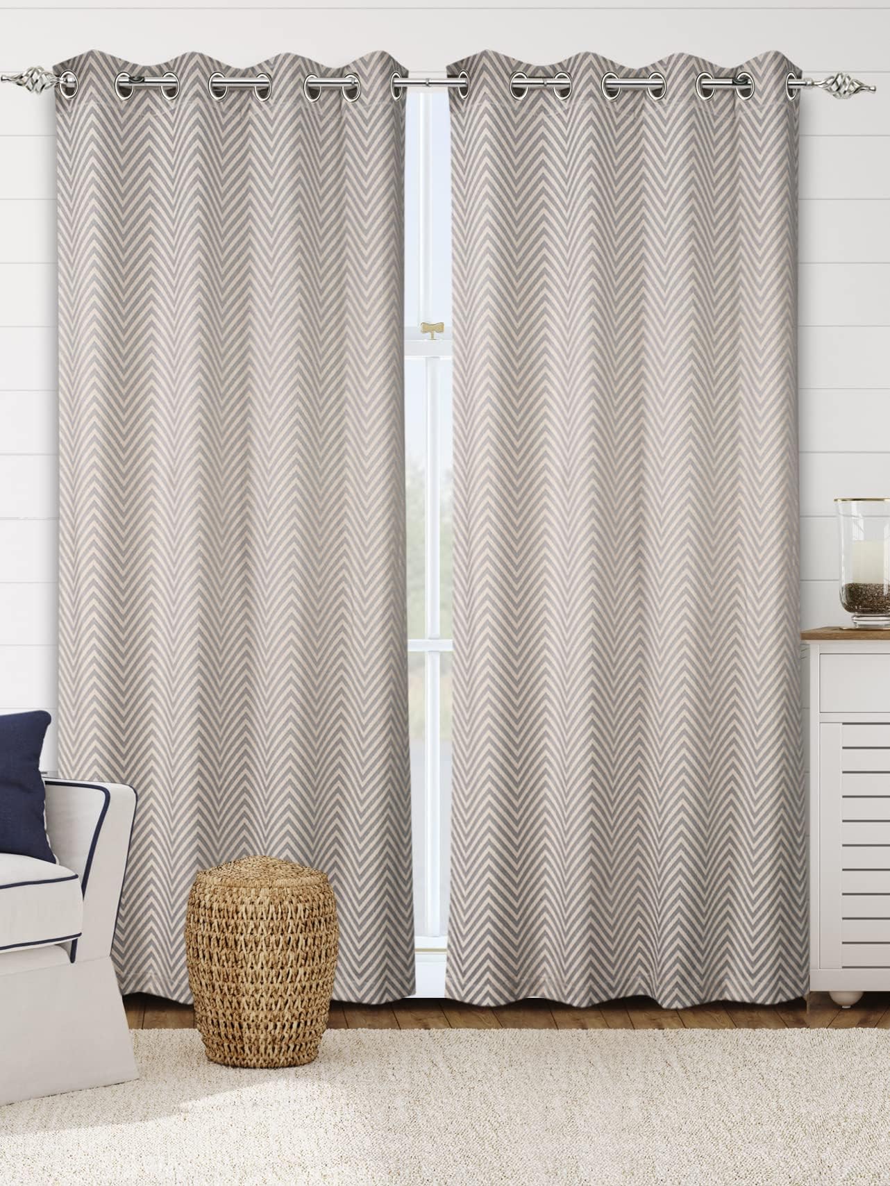 SARAL HOME EASY LIVING Chevron Cotton Room Darkening Long Door Grommet Curtains (Grey, 4X9 Feet, 2 PC)
