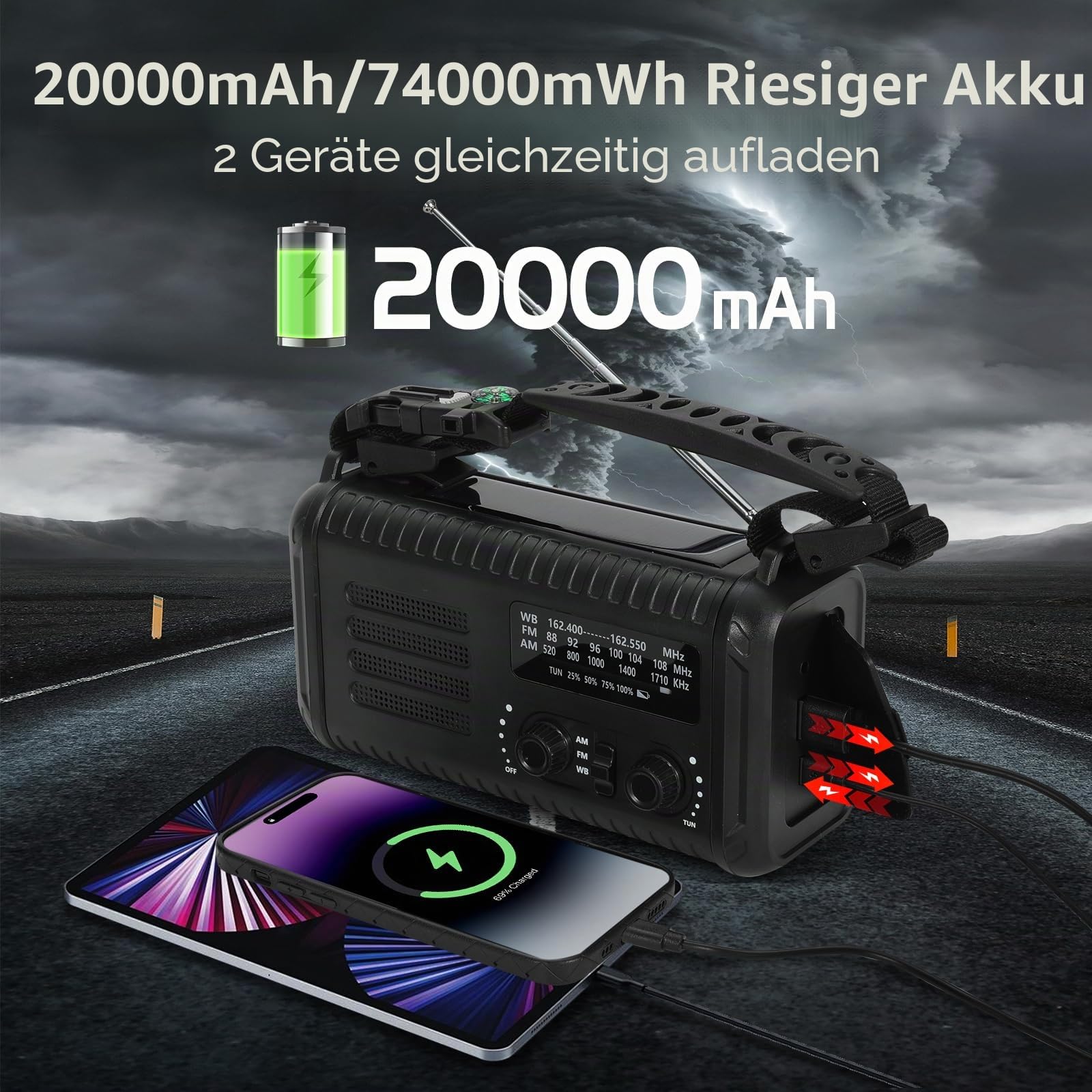 Notfallradio, Crank Wetterradio, 20000mAh Solarradio, Hand Kurbelradio mit AM/FM/NOAA, tragbares Radio mit Taschenlampe und Leselampe, Kopfhöreranschluss, SOS-Alarm, Handy-Ladegerät für Notfälle