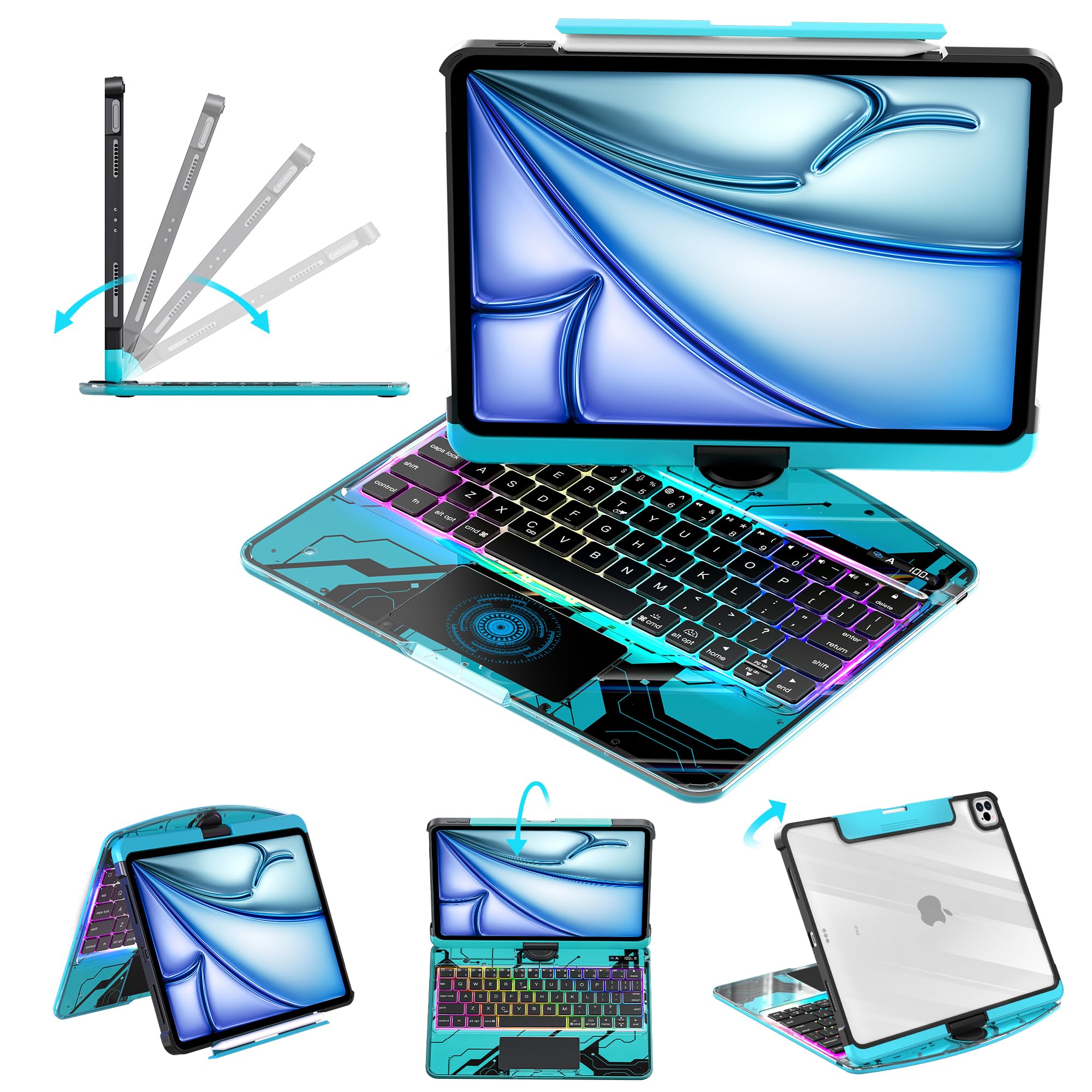Clear Keyboard Case for iPad Air 11" (M3/M2, 2025/2024), Air 5th/4th &amp; Pro 11" 2022-2018, 360° Swivel with Wireless Bluetooth Multi-Touch Trackpad, 7-Color Backlit, Pencil Holder Blue