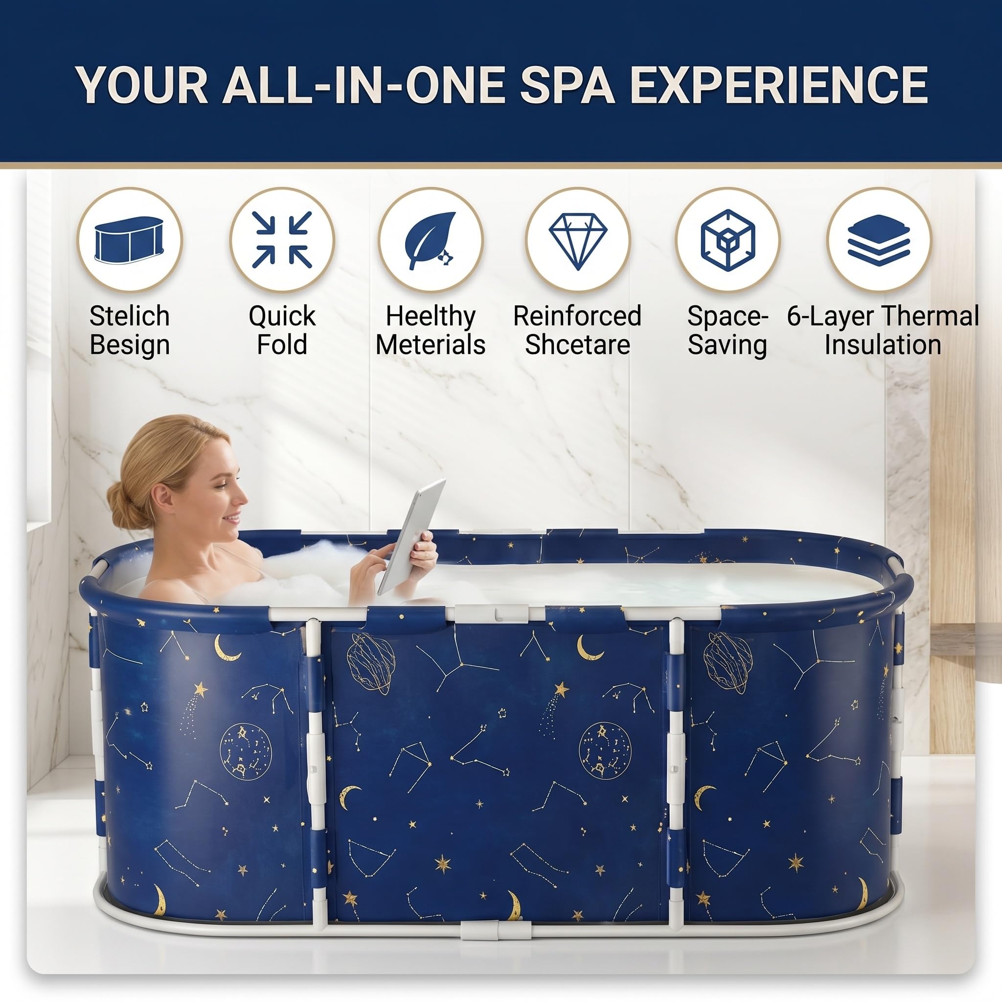 SOONHUA Vasca da bagno pieghevole portatile per adulti e vasca idromassaggio autoportante con cuscini per interni ed esterni Hot SPA Ice Bath, 120 x 60 x 50 cm
